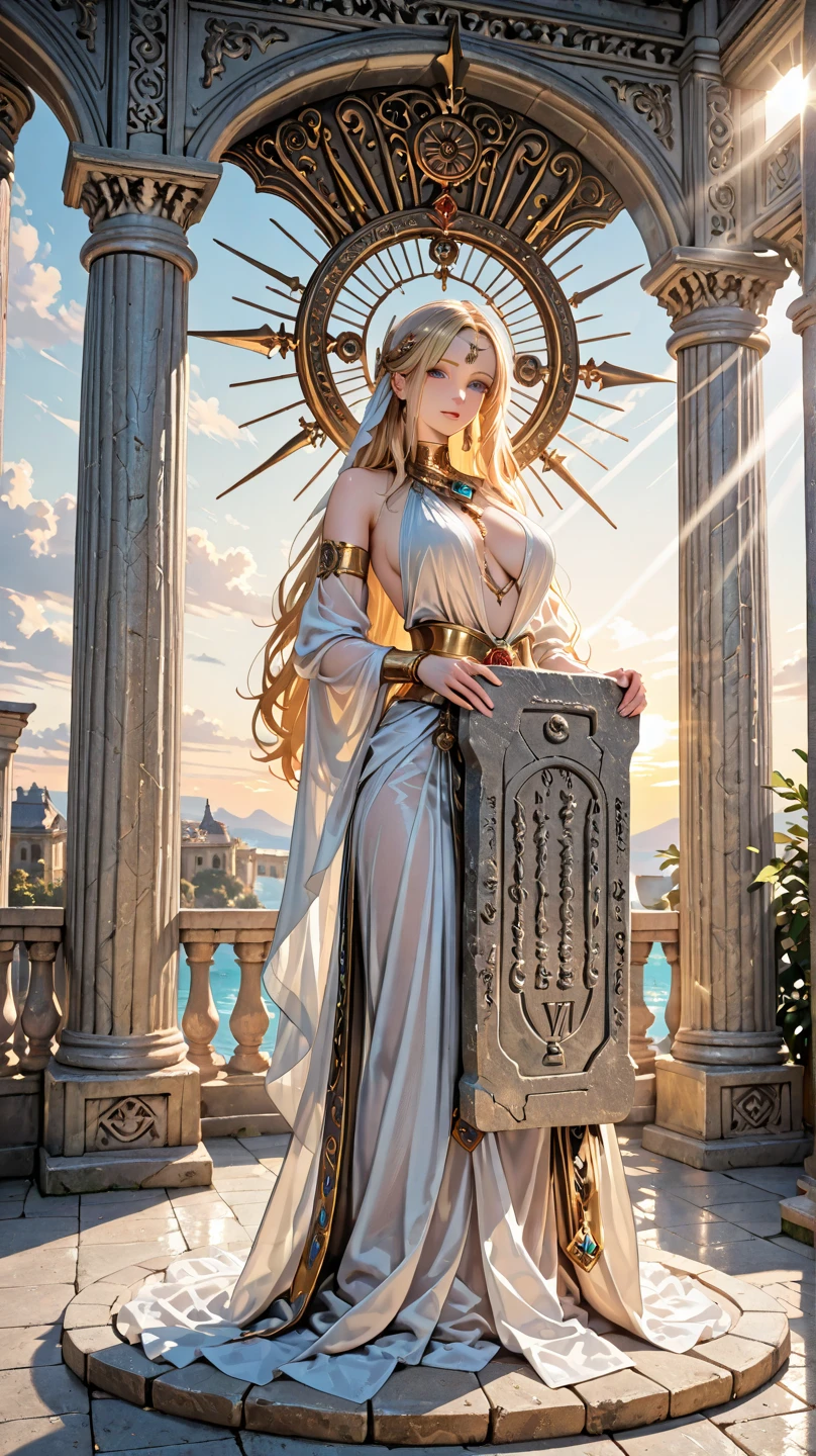 (Highest quality,High resolution,masterpiece,8k),Bright and vibrant colors,Official artwork,whole body,Standing posture,(above the knee shot),Stylish makeup,Silver blonde medium-long hair fluttering in the wind、Captivating eyes,Glossy Lips,Off the shoulder、White lace dress,Cute girl with ample breasts,Beautiful neckline, Holding,Captivating smile,Solemn atmosphere,Greek Mythology,An ancient and majestic temple、Digital Art,Detailed CG,