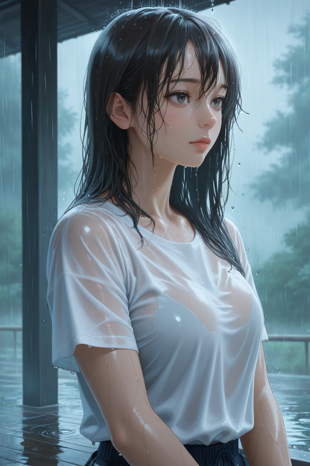 beautiful slender woman with big breasts that is being caught in a rain. The sultry woman appears to be surprised, yet pleased and joyful. Her white tshirt is soaking wet and clinges to her buxom figure, outlines her toned silhouette. photorealistic 3d anime illustration