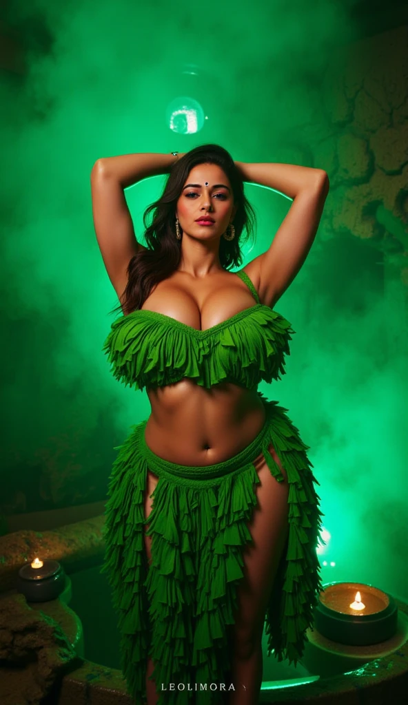 "Generate an image from a passenger's perspective of a thick woman with huge breasts in a vibrant golden saree seating in the backseat of a truck on a jungle path. Capture the juxtaposition of traditional attire and modern transport in the wilderness, emphasizing the harmony between the woman, the car, and the lush surroundings." SFW