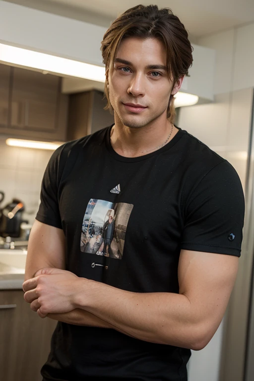 photo of kris_evans <lora:kris_evans-06:0.75> style of (Bruce Weber), posing against the side of a house in an athletic jersey tank top, arms behind back