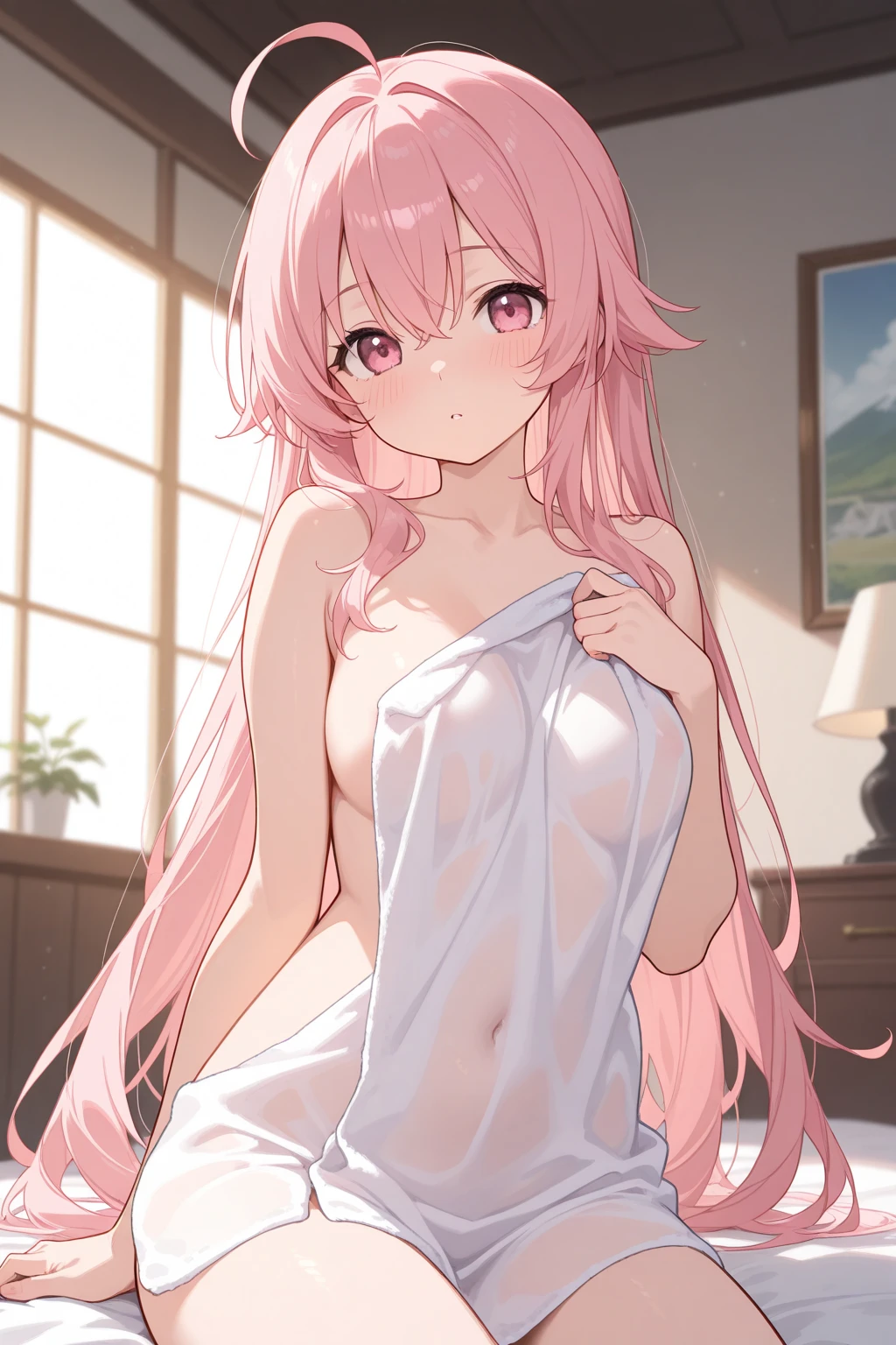 2girls , one girl is tiny Chibi , large head , smiling ,  short torso , slim body , tanned Skin , another girl is Busty student , long hair , ivory Skin , 2girls both in the shower room , perfectly naked , kissing each other , ((perfectly_bare)) , wet_body