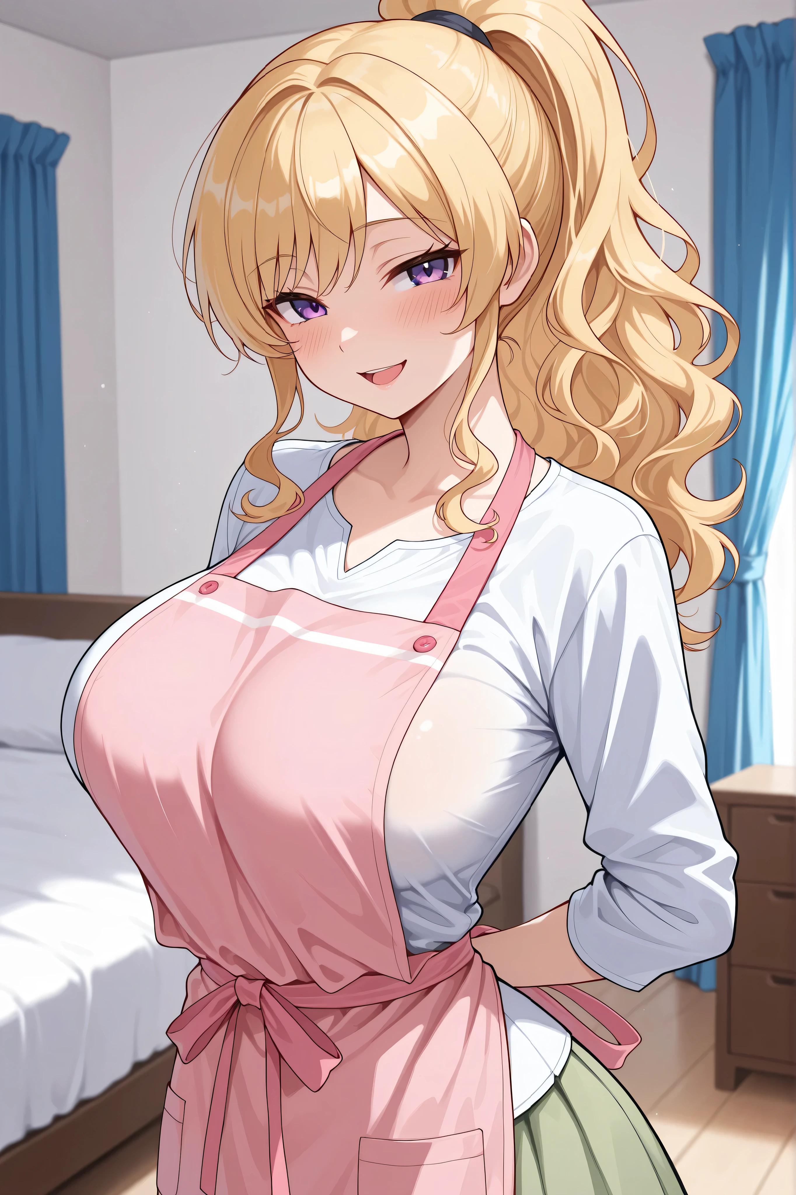 {{{masterpiece}}}, {{{best quality}}}, {{ultra-detailed}}, 1girl, (detailed skin texture), youthful face
, 1girl, yadatoka, blonde hair, high ponytail, side lock, wavy hair, purple eyes, large breast, beautiful breast, white dresses shirt, pink apron, taking off apron with hands, undressing apron, light green skirt, looking at viewer, standing, straight posture, blush, seductive smile, open mouth, living room, bed, blue curtains, upper body,(from the same level)
