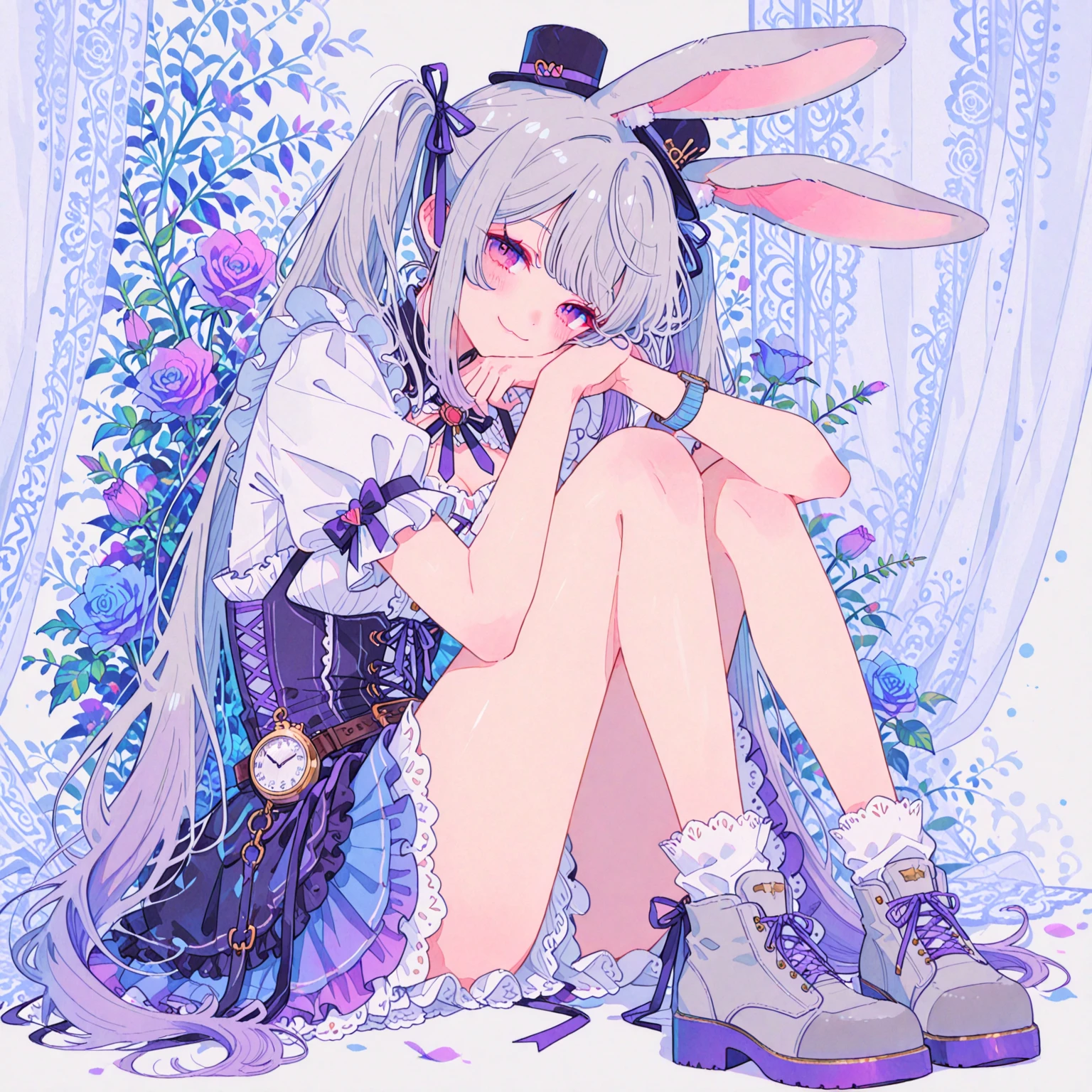 "A single girl with a decora street fashion-inspired look, rocking a crazy harajuku style. She wears legwarmers and big platform shoes, and has her hair styled in adorable pigtails. The scene is set at nighttime, hairpins, accesories, bunny ears with pattern inside, striped "