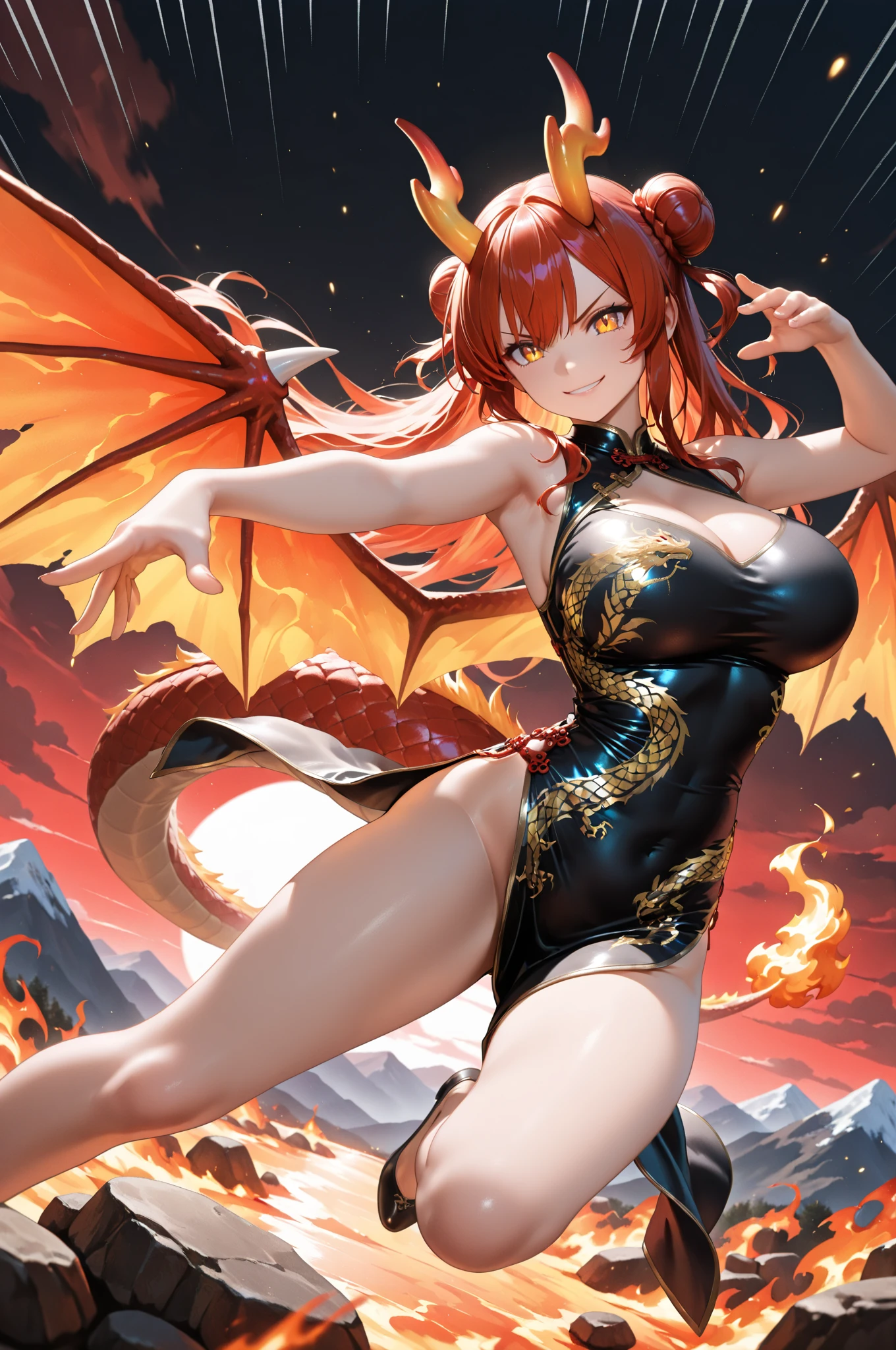 professional: step by step, final result god level: "(dragon wings:1.1), (orange wings:1.1), 1 orange dragon girl, spessartine garnet eyes, (dragon tail:1.1), horns, short hair, smile, open legs, bare shoulders, 20% miniskirt, thigh highs , ((standing with legs spread in an inverted v)), (((one hand holding a nipple))), autumn leaves, dappled sunlight, sharp focus, from below, sharp focus, cowboy shot from low right side, looking at viewer, depth of field, (transparent mini thong), ((70% nude))
(intricate:1.1), (orange theme:1.1), (orange tone:1.1), (red tone:0.9), (gold tone:0.6), illustration, "
