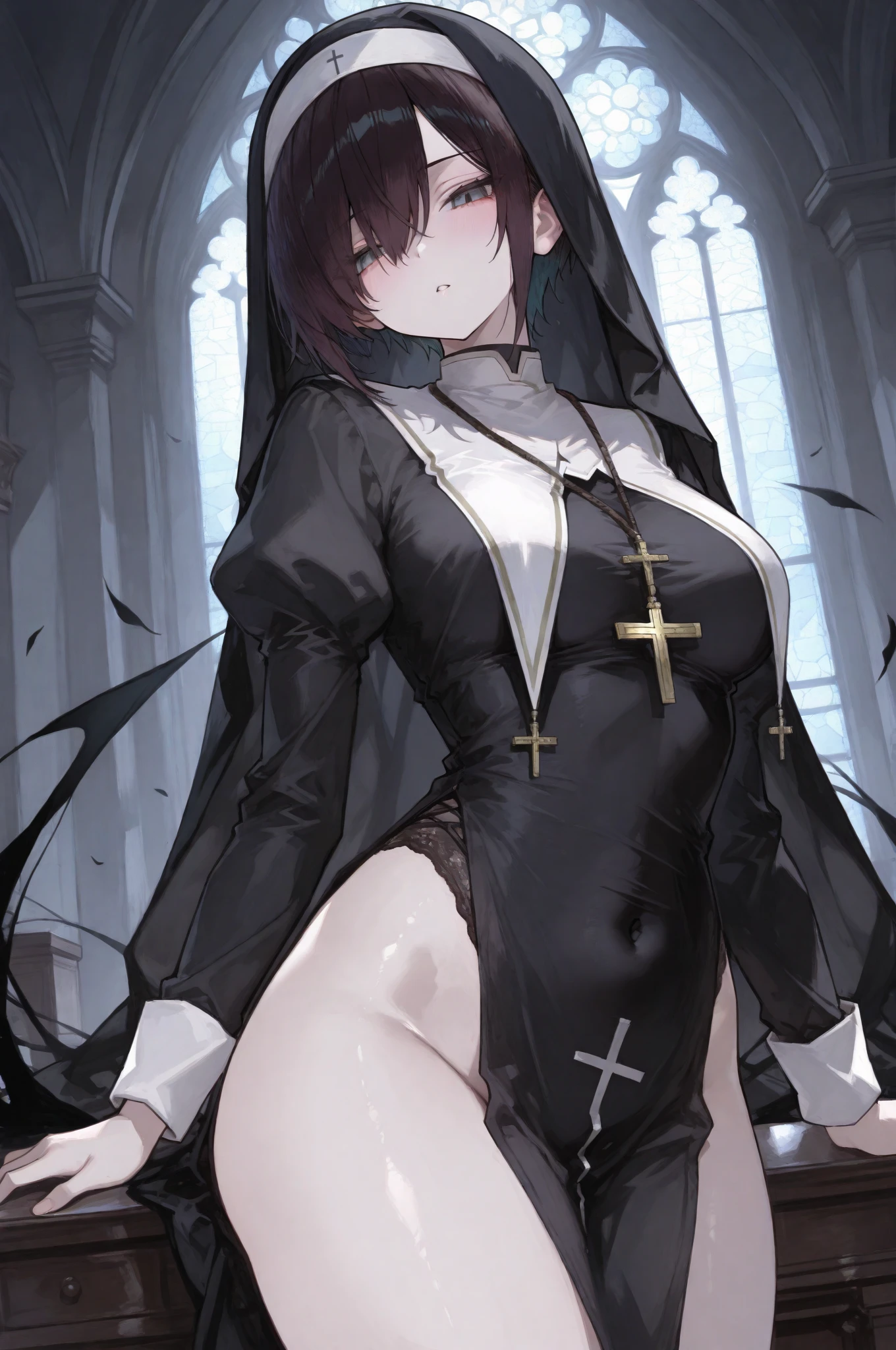 (((destroyed medieval town, collapsed Church))),10 years old, brown hair, brown eyes, flat chest, (wearing nun's uniform), (torn clothes), no bra, bottomless, show off pussy, disdain, contemptuous, disgust, scared, cry, skyporn, Areola, puffy niples, nipples through, ((best quality)), spread pussy, sexual fluid, pussy juice, drooling, dirty skin, on the altar, be sacrificed