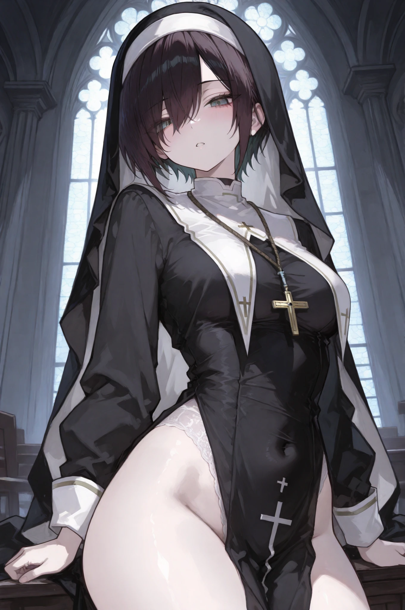 nun,large breasts,1girl,(panty line),((mature female,adult female))),25 years old,(side slit skirt),highhighs,in church,blush,in heat,happy,brown hair,(((milf))),at night,Clothes that show the lines of the body,ass