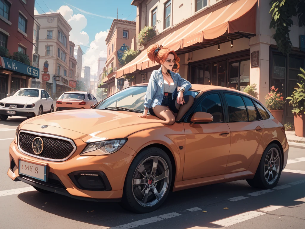 One woman standing solo, from back and side, Event Staff (Simple and chic outfit), Mature Woman, /(Dark brown hair/) Clean ponytail, A gentle blushing smile, large  breasts, cleavage, covered nipples, wearing fishnet pantyhose, Break (Stand next to a late-model car), putting her hands on the car and sticking her butt out, (Have a brochure), Break (Motor show indoors), audience, Detailed Background