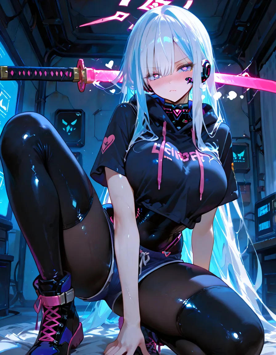 Maka Albarn (Soul Eater), solo, detailed, high quality, 4K, athletic figure, 34B breasts, sultry expression, dark background with neon lights, bold colors, cleavage visible, nipples slightly visible, lively gaze, correct proportions, symmetrical composition.