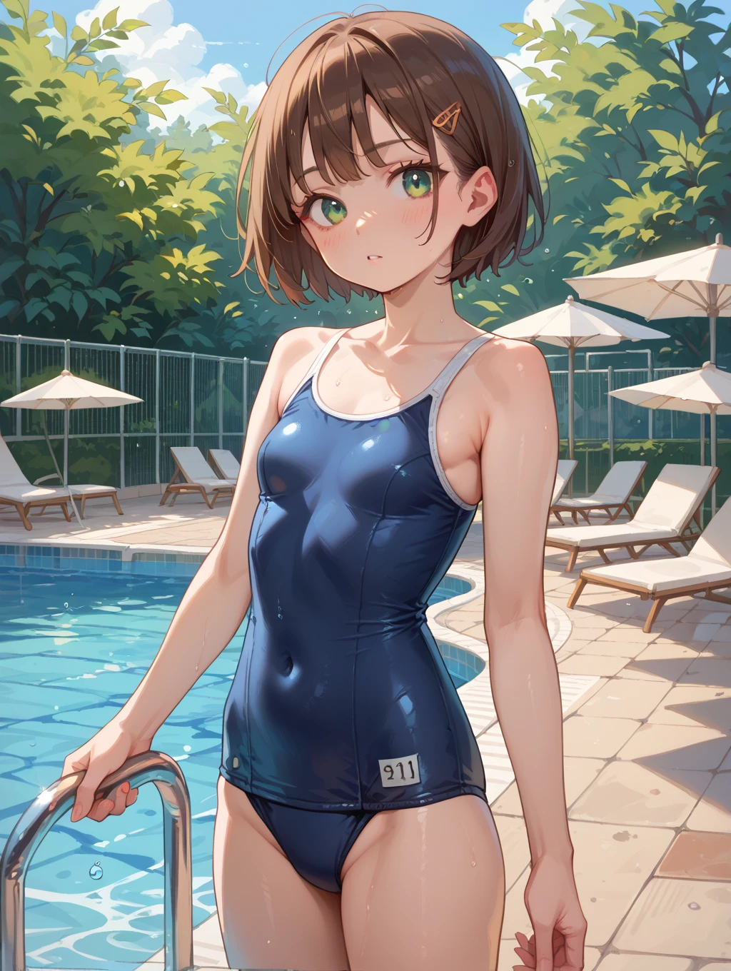 masterpiece, Highest quality, High resolution, Very detailed,(((Koume Shirasaka))), (((smile)))、(((smile)))、(((Standing in the distance))), (((School swimsuit))), (((Beach))), (((One girl))), (((solo))), (((Blonde))), (((Brown Hair))), (((short hair))), (((Hair covering one eye)))