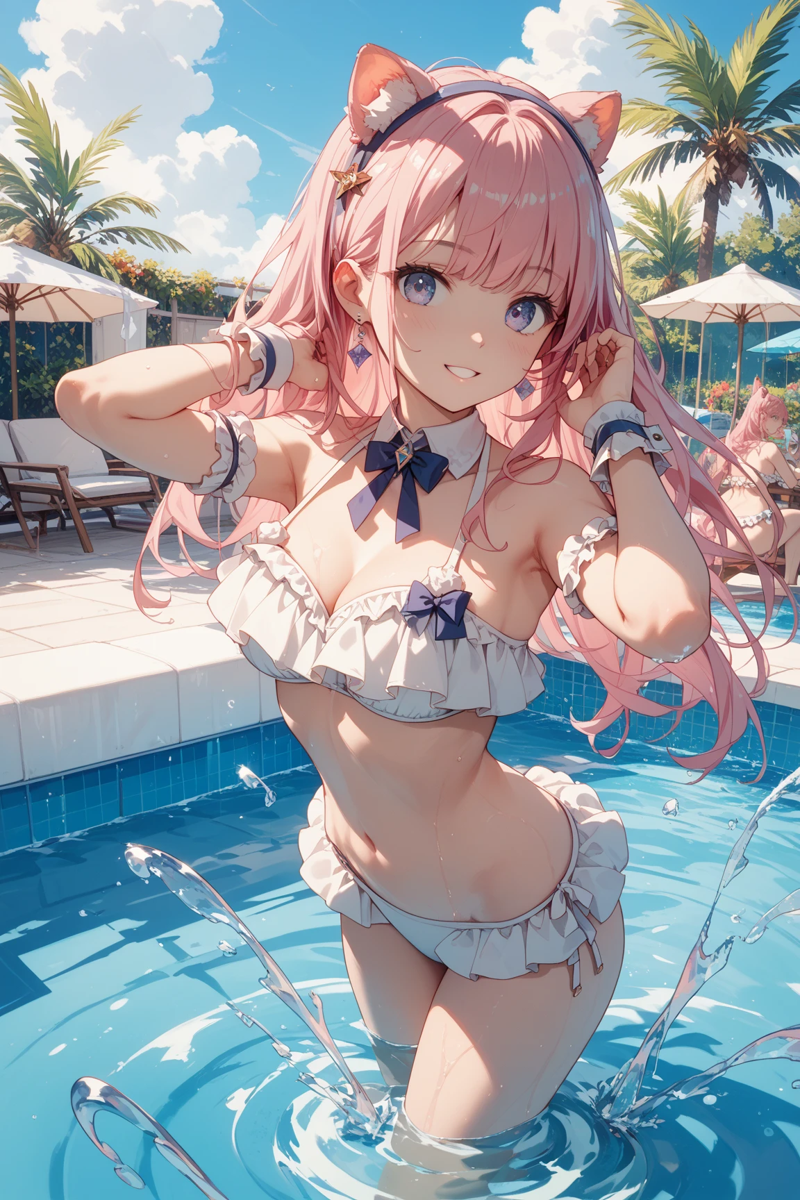 Masterpiece、最high quality、high quality、High definition、High resolution、High detail、Lens flare、Ray Tracing、high qualityのテクスチャー、high qualityの影、Beautiful details、Detailed explanation、Detailed texture、Realistic facial expression、Realistic and colorful、Delicate、Cinematic Light、Side light、Sharp Focus、(1 Girl:1.3)、(Intricate detailakeup、Pure Eros Face_v1:0.5)、(Details Beautiful delicate face、Detailed beautiful delicate eyes、Perfect Facial Proportions、Detailed skin、Charm)、Facial expression during orgasm、Fancy Twin Tails、Beautiful bangs、(Two-tone gradient hair color）、slender、(Upturned beautiful breasts)、Raise your arm and make a peace sign、(Detailed crotch、Open crotch、Showing off your crotch)、Female juice、Experiencing the best orgasm、(Spread your knees and open your legs)、Light-colored mini bikini、(Stretching the bikini strings with your fingers)、Light-colored V-cut、Light-colored thong、(Stretch the strings of your panties with your fingers)、Beautiful ass、Thigh mini skirt、Jacket、Low-angle composition、bench、(Take a deep breath、Work on this image step by step)