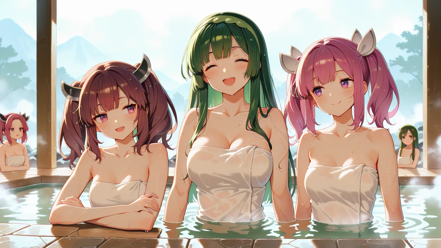   light blue hair,Hair style is twin tails,light blue eyes,white skin,Elf two-dimensional beautiful girl, superb smile,close eyes, open mouth,Thick body type,big onsen,bathing naked, beautiful nipples,with three Elf two-dimentional beautiful girls, looking at viewer, blush, superb smile, close eyes, open mouth, bangs, hair between eyes, bare whole of body,  outdoors, day, water, tree, grassland,no wall,no fence,streaked hair,cherry blossoms, onsen,  no any things that hide the body, (blizzard of falling cherry blossoms )
