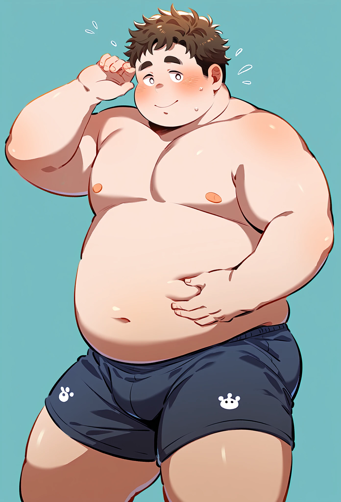 a smiling obese old man, chubby, big fat, detailed realistic portrait, 8k high resolution, sumo physique, side view, perfect center, full view, realistic skin texture, wrinkled face, short hair, thick mustache, white hair, bearded, jovial expression, huge belly, fat, wearing shorts, high detail, masterpiece, (best quality,4k,8k,highres,masterpiece:1.2),ultra-detailed