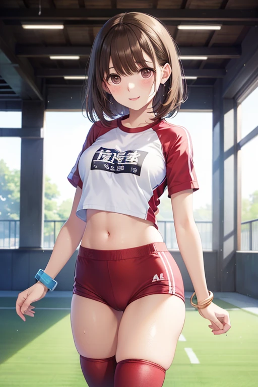 (nsfw:1.1),((2 girls,10yo)), (Blushing:1.4), (silk highleg small tight sports bikinis red white and black color), evil Smile, Cowboy Shot, Slim body, large breast, Full Body, (????? nipples,cameltoe:1.2)
