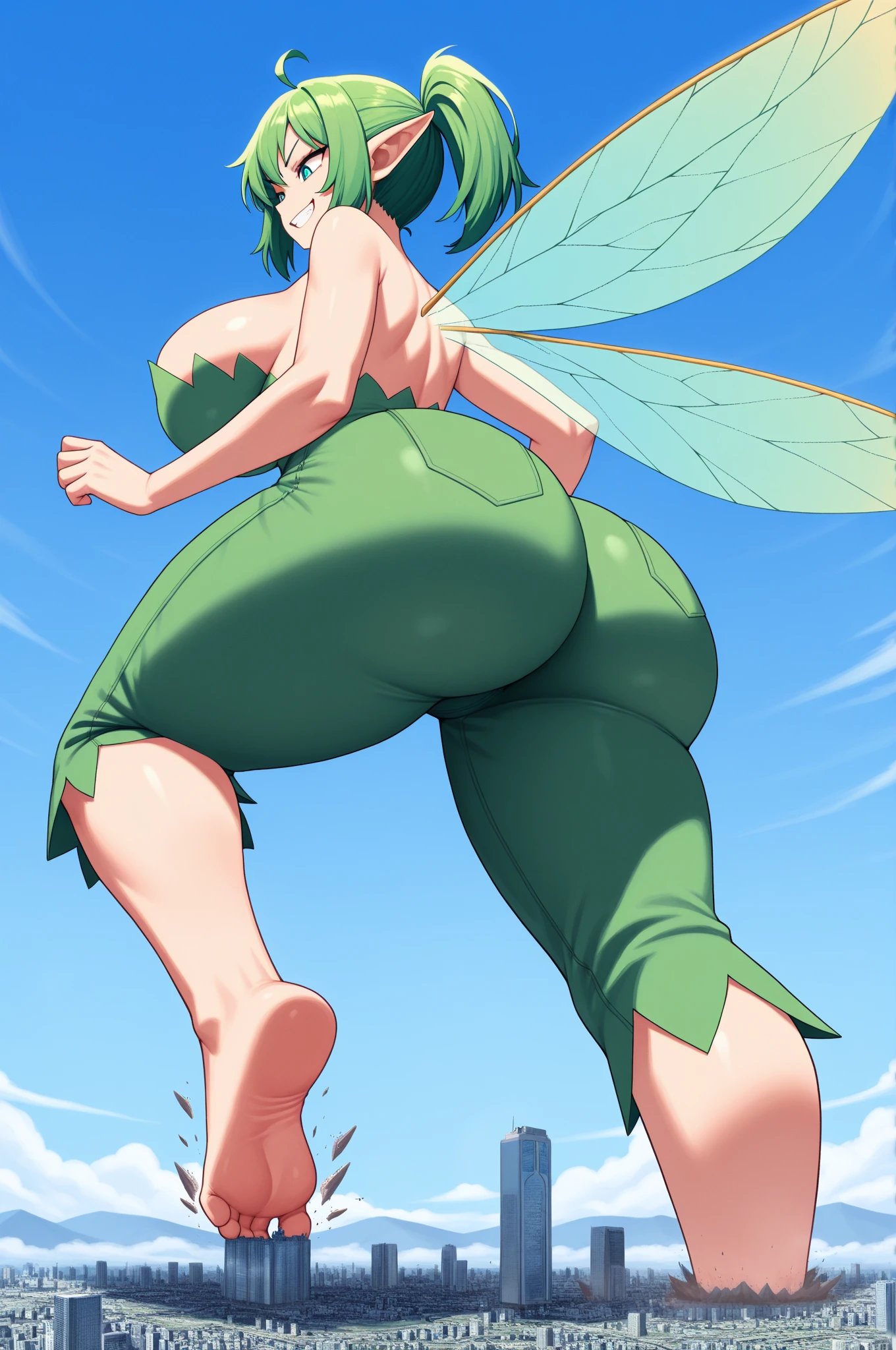 (tiny adventurers in mountains and hills in front of closeup breasts and face of a giantess: 1.5), closeup breasts and face, (from below view: 1.2), (tiny sized breasts) cleavage, (cute bright fairy with wings, magical nature clothing that reveals breasts and thighs: 1.3), (magical nature clothing: 1.1), hime cut, flowing hair, (medieval fantasy: 1.1), nipples, (fantasy outside: 1.1), (very low angle perspective: 1.2), (foot), barefoot, sitting, (tiny army from sky view: 1.1), (tiny army from sky view in front of closeup foot of a giantess: 1.1), (closeup long big foot: 1.4), (anorexic and skinny and tall: 1.2), (stepping on, foot step : 1.1)