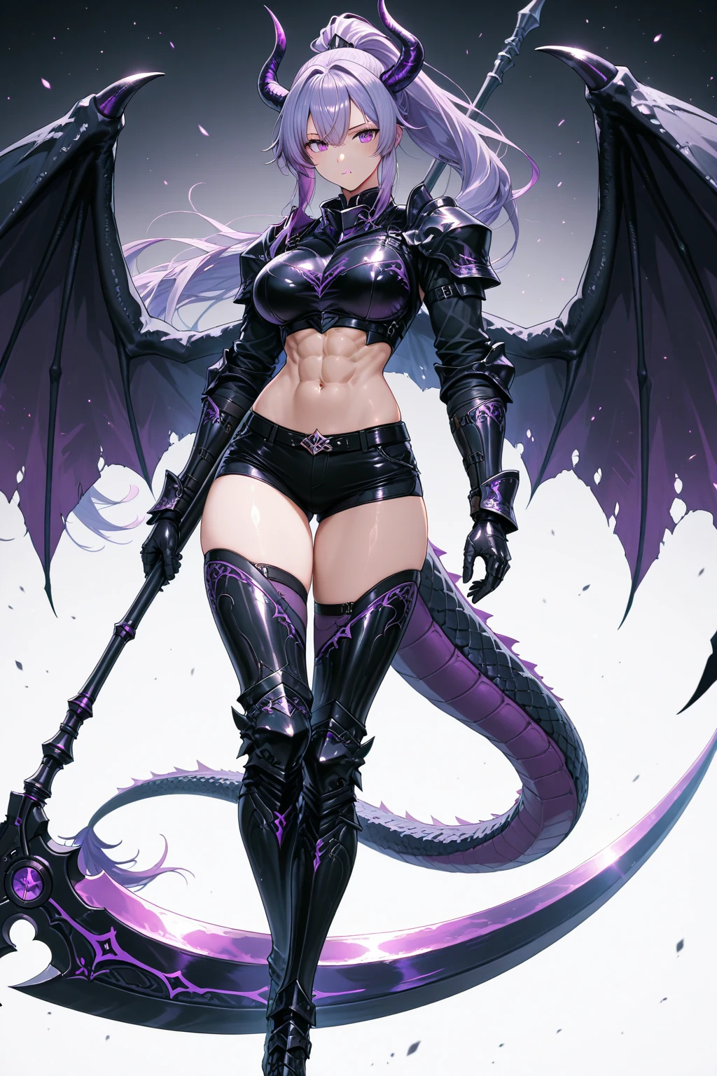 A girl fused with a dragon. image color is black. Purple hair. Bikini armor. A dragon's neck from her shoulder. Scaly armor.