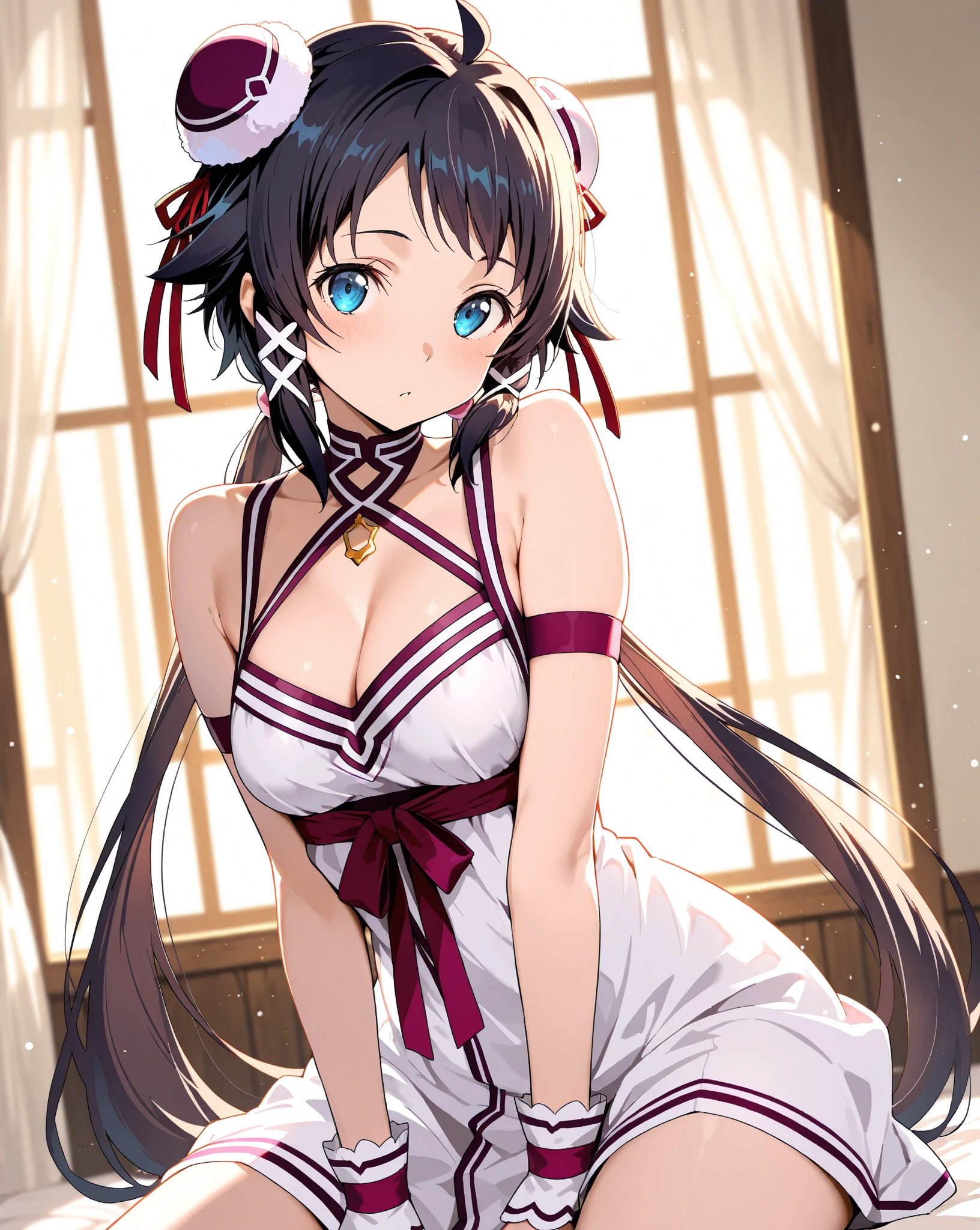 (Masterpiece:1.2, Best quality), cleavage,Large breasts,white shirt,(fine detailed beautiful eyes: 1.2), 1girll, (komono:1.3), Large breasts, Bare shoulders, flowers and petals, Beautiful concept illustration, (White background:0.5), (illustration:1.1), (Extremely fine and beautiful:1.1), (Perfect details:1.1), Cowboy shot,