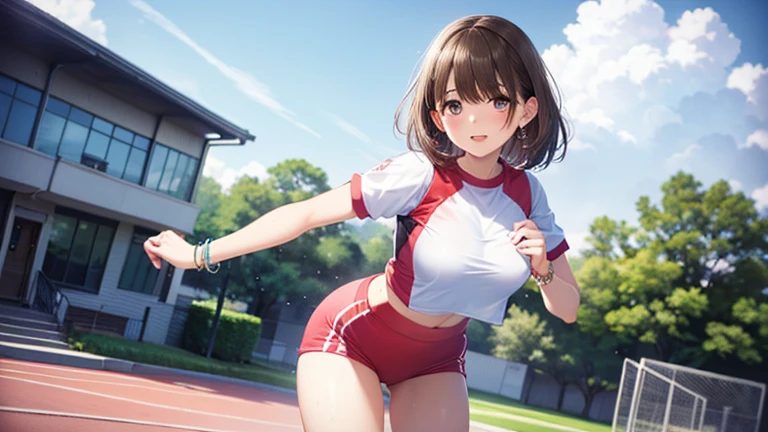 ((masterpiece,Highest quality:1.3,best quality illustration)),((realistic:1.2)),cowboy shot,独奏,1woman,18 year old beauty、black hair,short bob hair,(center parted bangs),black eyes,(gorgeous big eyes),((very small head:1.4)),shy,smile,((slender body:1.2,skinny)),(tan skin:1.4),small breasts,(White tank top、school gym red buruma),gleaming skin,oily skin,slender body,sweat,arms up,Show off your armpits、Athletics Stadium、Tokyo、