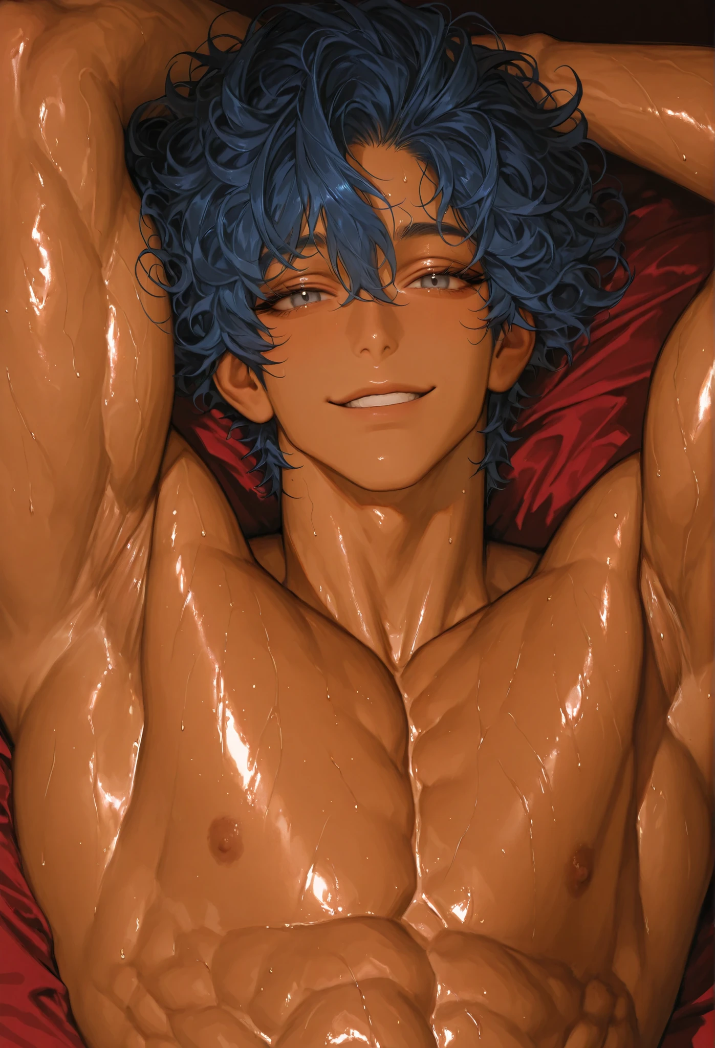 high quality, (soro japanese teen boy:1.5), (detailed eyes), (black long hair), (muscle:1.5), naked, (dark wet skin), (detailed puffy nipples:1.3), penis, cumshot,smirk, looking at viewer,orgasm,