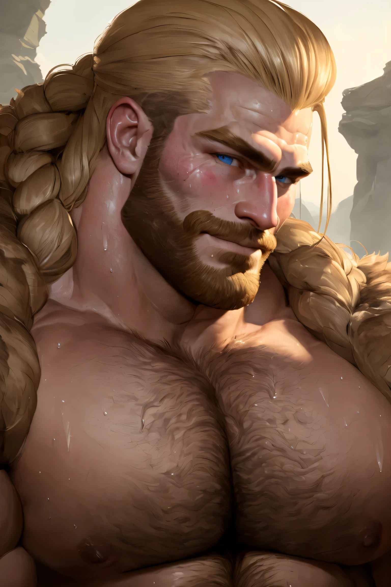 A painted portrait of stout Zeus almighty god of thunder, greek god, blond hair, male, mature, handsome, upper body, muscular, hairy torso, fantasy, intricate, elegant, highly detailed, digital painting, art station, concept art, soft, sharp focus, illustration, art by Gaston Bussiere and Alphonse Mucha, fierce eyebrows, cinematic rim light, very strong and hairy torso, intense action, dynamic juxtaposition, very high quality face, desert game, exploitable image, face neck shoulders, tall strong man, long windy hair, stylized dynamic folds, angry