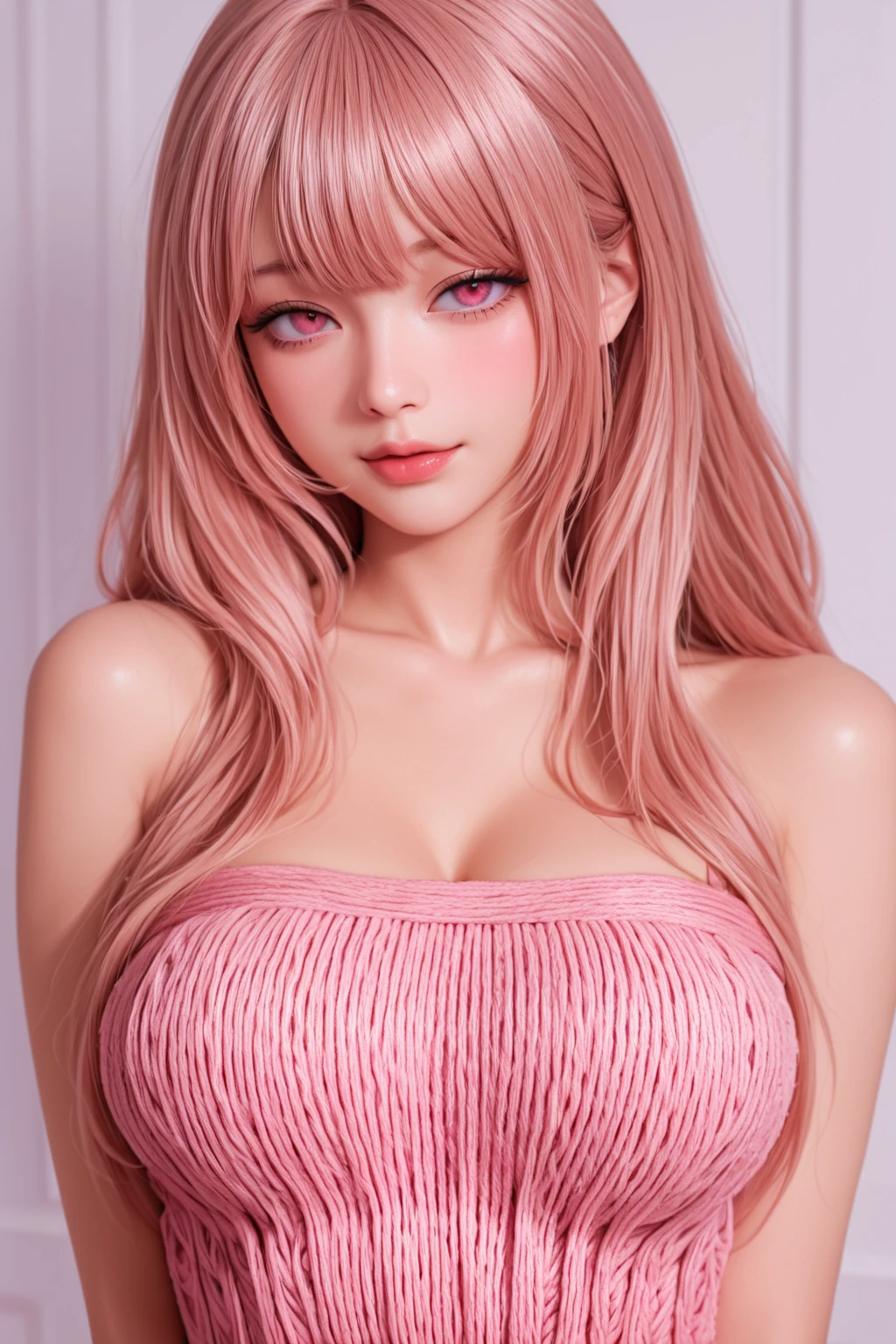 (masterpiece), (best quality), 1girl, blush, cleavage, nsfw, absurdly hair, long hair, black hair, purple eyes, (blush, perfect face, detailed face, glossy lips, eyeliner), panties, looking at viewer, breasts, simple background, pink bra, red rope, rope, twin tails, perfect hand, hands tied with rope, perfect leg