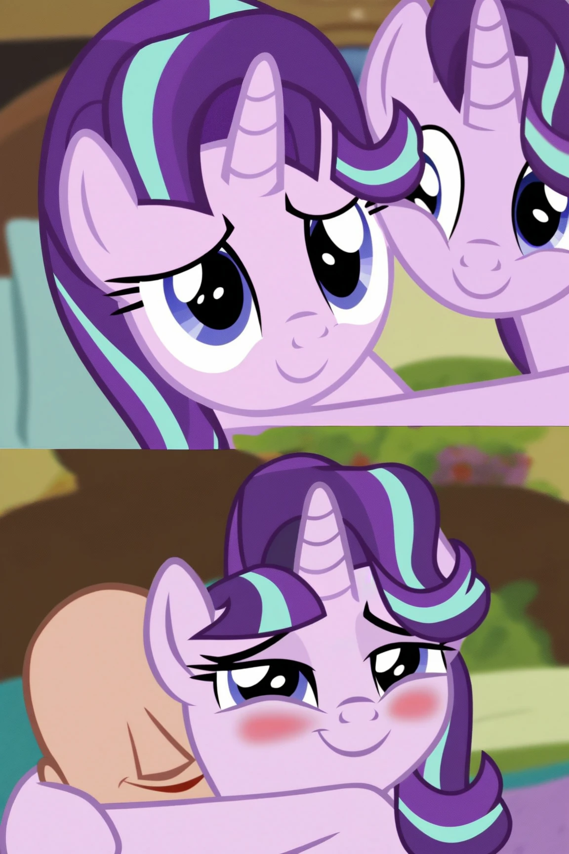 safe, score_9, mare, pony, cute, sweet, cartoon, blushing, starlight glimmer, male_pov, offscreen_male_character, looking_at_you, bedroom_eyes, date, show accurate, positively touched face, hugging, cuddling, hug, happy, human