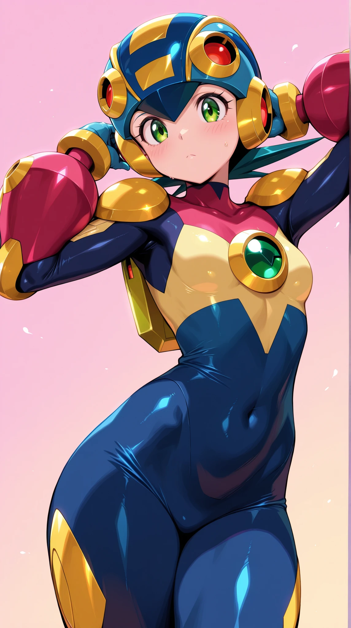 marino_megamanx, 1girl, green hair, blue eyes, ponytail, detailed face, breasts, smile, simple background, masterpiece, high quality, <lora:Marino-06:1>
