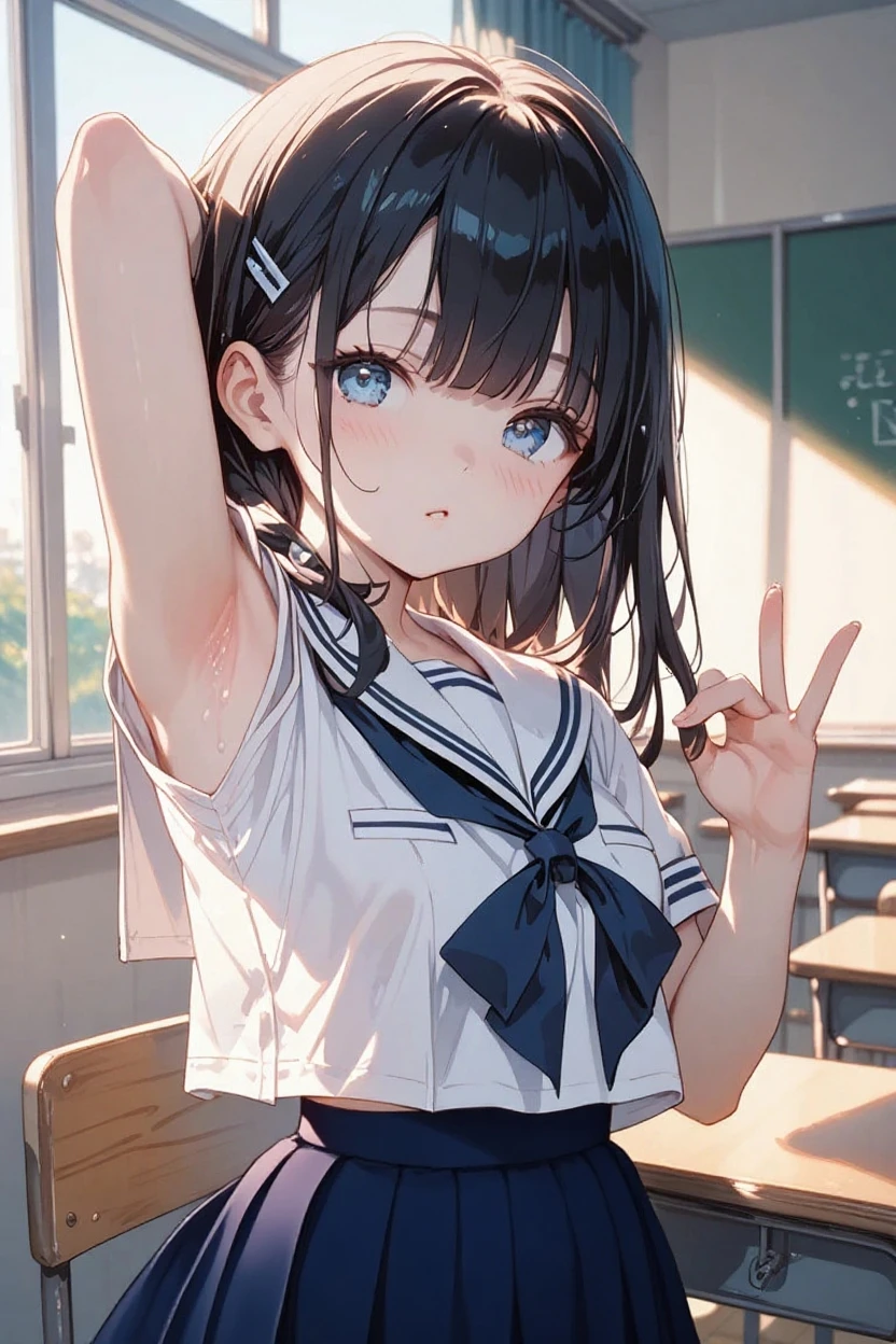 nsfw,alone, (One girl), Elementary school girl,8-year-old, ((White panties)), (wearing only the top half of sailor school uniform), Sailor with un-folded hems,  sexy, (Cowboy Shot),  ((Put your arms behind your head)), classroom, With a girl：Her hair is long and black, Her face is round and cute, Black Hair, Low twin tails,,Shy, Embarrassing,(pussy cameltoe:1.0),Sit on a chair、Spread your legs、M-shaped legs、