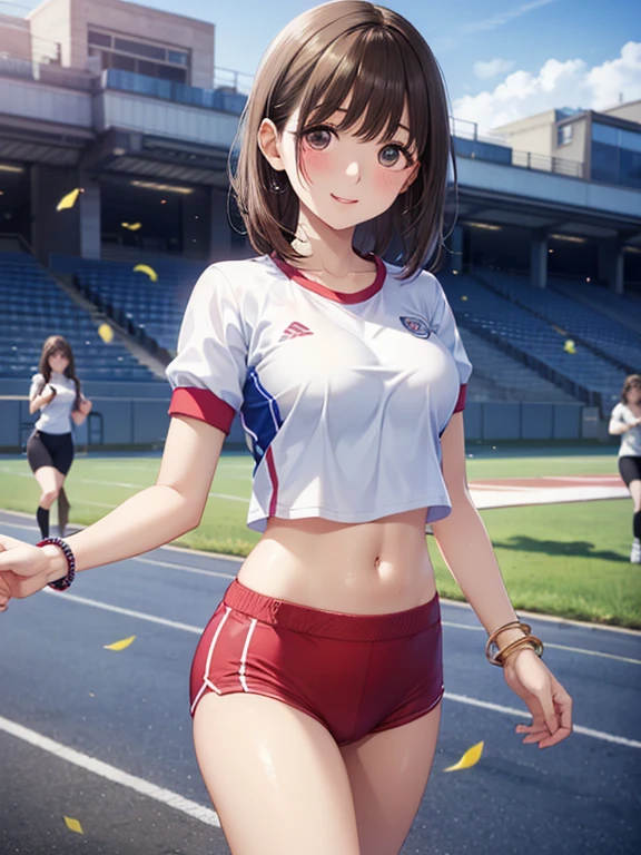 2D,highest quality,(masterpiece),(whole body),Dark Eyes, semi-long,Twin tails,Brown Hair,1 girl,young,((Healthy brown skin)),((Sunburn)),(Slim body),Slim figure, skinny, Navel,Sweat, smile, Athletics, rib cage, Stadium, From below, Supporter, flat chest