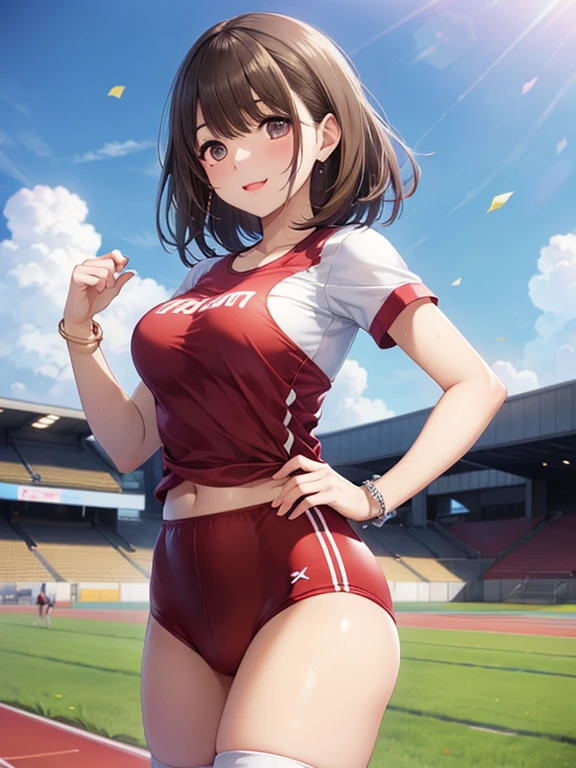 ((((highest quality)))), (((Ultra-precision CG 16K))), (((masterpiece))), (((Very detailed))), (((Extremely detailed))), (((Black outline:1.3, Written boundary depth:1.3 , Written soft outline))), Maximum clarity and sharpness,Multilayer Texture, Surface Shading, Cinematic lighting, Beautiful details sparkle ,Perfect Proportions, Limited to three woman, BREAK accurate, Anatomically correct, Highly detailed face and skin texture, drawn in detail, Highly detailed facial and skin texture, Detailed eyes, beautiful hair, Beautiful Japanese Idol face, Beautiful and beautiful eyes, Beautiful body, Beautiful breasts, Beautiful thighs, Beautiful legs, Beautiful fingers, (Beautiful views) , skinny body, ((Beautiful Skin)), ((Skin Texture)) BREAK breast enlarged, large Breasts, rocket breasts, (((perky breasts))), covered nipples ,slender waist, (smiling , narrow eyes, blush, determined expression, hot, sweaty , Heavy breathing,) BREAK (((no-bra, wearing football uniform, sportswear, low rise hot pants with slits, no-sleeve, breast is covered by outfit))) , wearing earrings, BREAK ( stick breast out),(((a girl on playground:1.3 ,looking at viewer, super detailed background , summer sky ))),