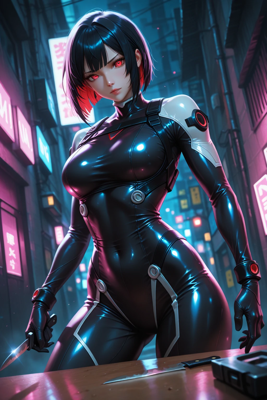 (8K、Raw photography、Best quality、A masterpice:1.2)、(realisic、photoreallistic:1.37)、Super Detail、ultra-high-resolution、Girl 1、Gantz、GANTZ Suit、glossy black、Full body black、Mechanical attire、japanese lady、２０About age、Sweating、Buildings、nightscape、large tits、the whole body can be seen、holding a katana、Holding the sword、Sweat drips from your face、Thin black-rimmed glasses、ponie tail、Do not show skin、Gantz's Room