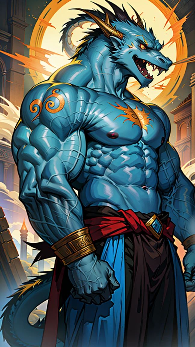A large, muscular orc, light blue skin and medieval clothes