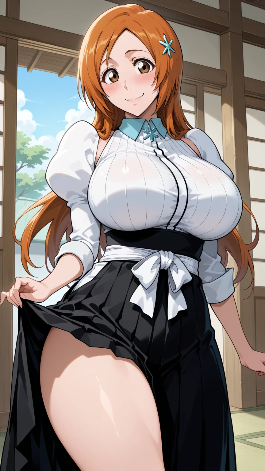 inoue orihime, inoue orihime, Long hair, Orange hair, (Brown eyes:1.5), Take off your uniform, bow ribbon, Neck ribbon, Bow, bowtie, Red bow, White collared shirt, grey skirt, looking at the viewers, BREAK (masutepiece:1.2), Best Quality, High resolution, Unity 8k壁纸, (Illustration:0.8), (Beautiful detailed eyes:1.6), extra detailed face, Perfect Lighting, extremely details CG, (Perfect hands, Perfect Anatomy),Smile with open mouth、(Skirt lift:1.3), (white panties:1.3)、(Skirt that rolls up:1.3)、(Fully exposed panties:1.5)、plein air、outside of house、(huge-breasted:1.3), (爆乳:1.3)、(Naughty thighs:1.3)、plein air、blue-sky, shiny oily skin with high contrast,, huge long breasts,