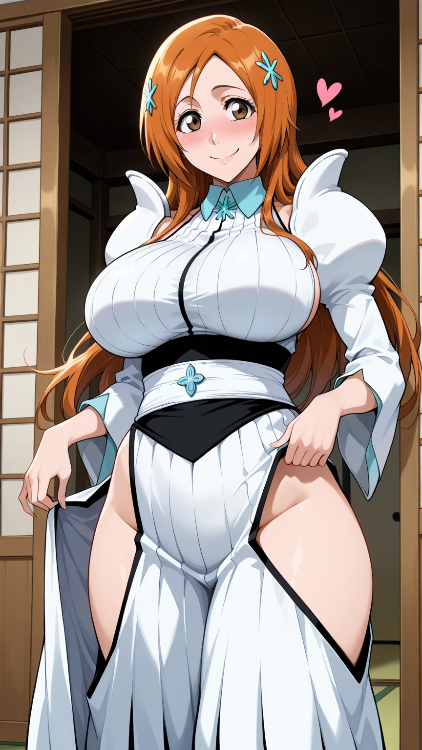 orihimeinoue, huge_breasts, standing, solo, Orihime_White_dress, masterpiece, best quality, detailed face, detailed eyes, highres, perfect face, ultra detailed,detailed face, 8k wallpaper, wide hips, Orange hair, Dress with open breasts, chest dress unbuttoned, unbuttoned breasts showing much of her breasts, Exhibitionist, voluptuous body , Bare tits, big tits and showing the viewer
