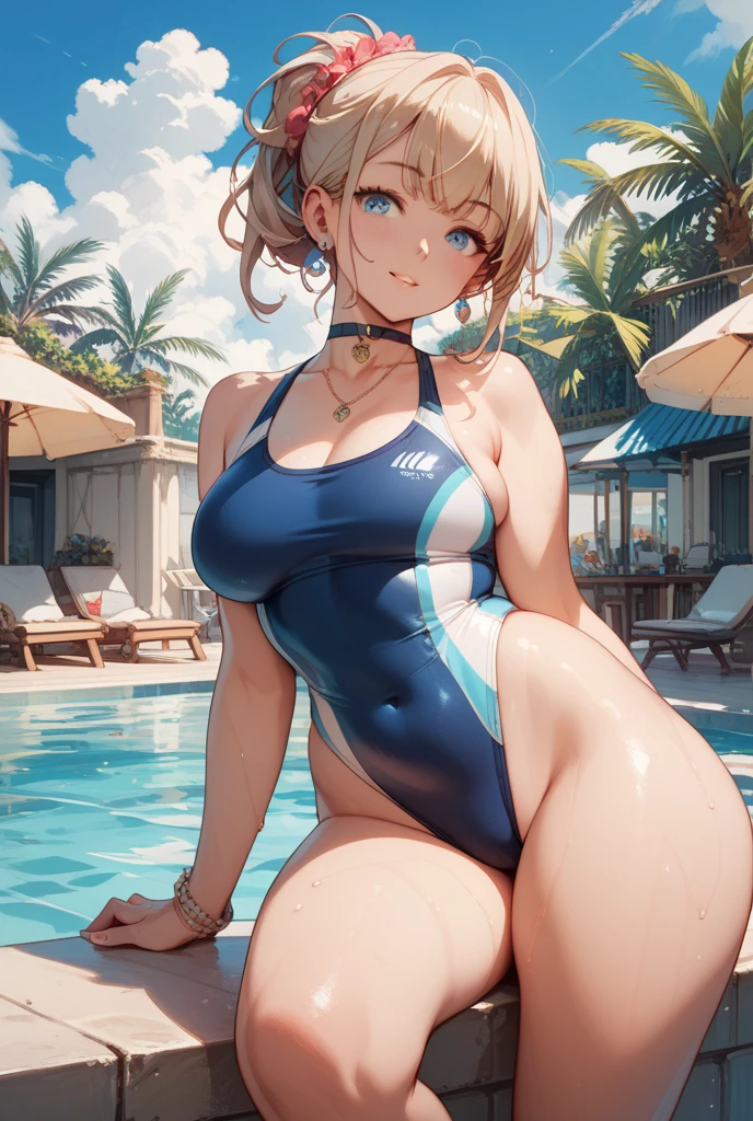 master-piece, bestquality, 1girls,16 years old, View viewers from side, HD, slight smile, big tits, cleavage, tights cloth, open mouth, tiny body, outdoor, pool,
