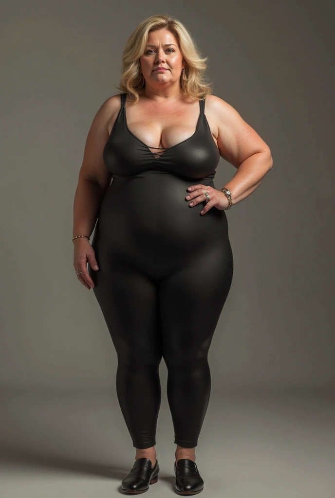 Lady 60 years old, medium platinum hair, brunette, medium body with wide hips and thick legs in spandex