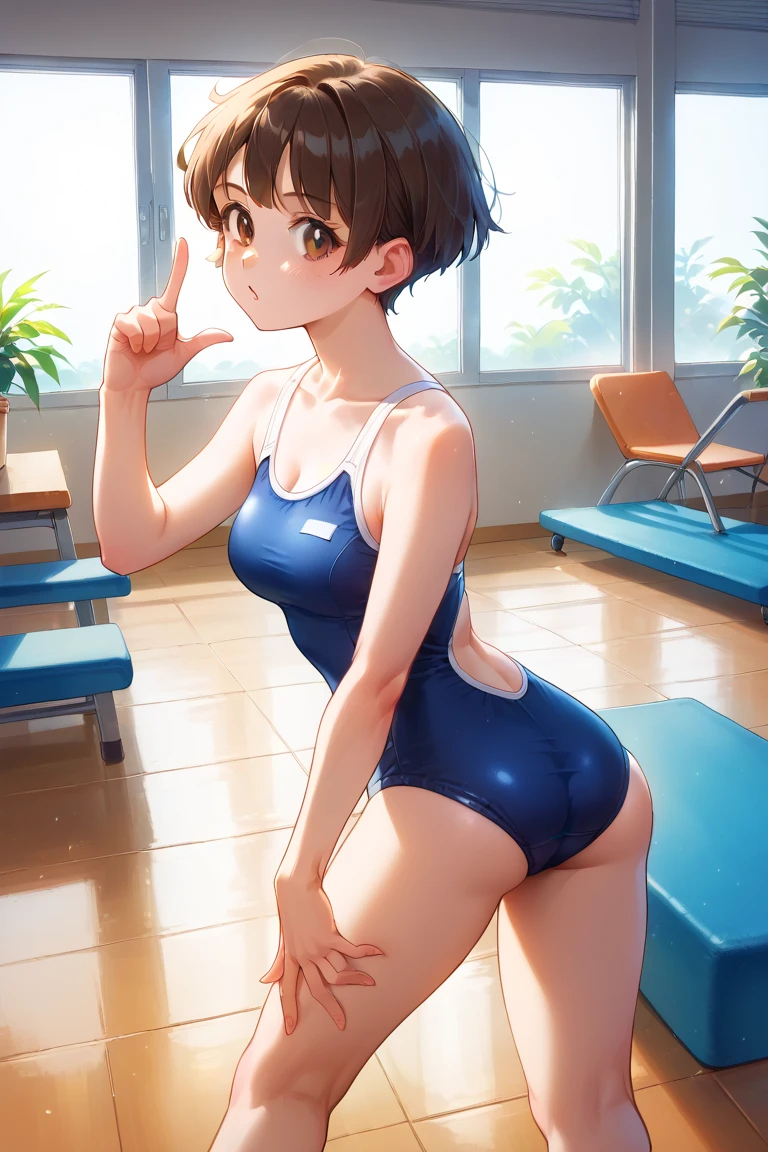 (Masterpiece), 8k wallpaper, solo, Watanabe you, standing, school hallway, sideboob,one-piece swimsuit, v, low cut at hips, blue eyes, beautiful detailed face and eyes,sidebutt