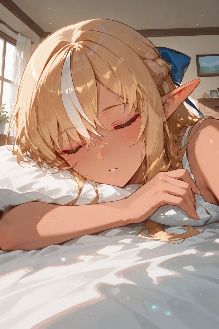 Japanese animation style、Create a digital illustration of an adult elf woman sleeping in a large bed、She is wearing a rather large shirt.、Relaxed facial expression、Long, loosely wavy blonde hair、Sleeping with her pet Shiba Inu、The Shiba Inu needs to sleep curled up next to her.、No sheets、Dappled sunlight coming through the window、The soft morning light shines in、Calm atmosphere、Detailed and clear drawing、Warm and gentle colors、Drawing from a top-down perspective