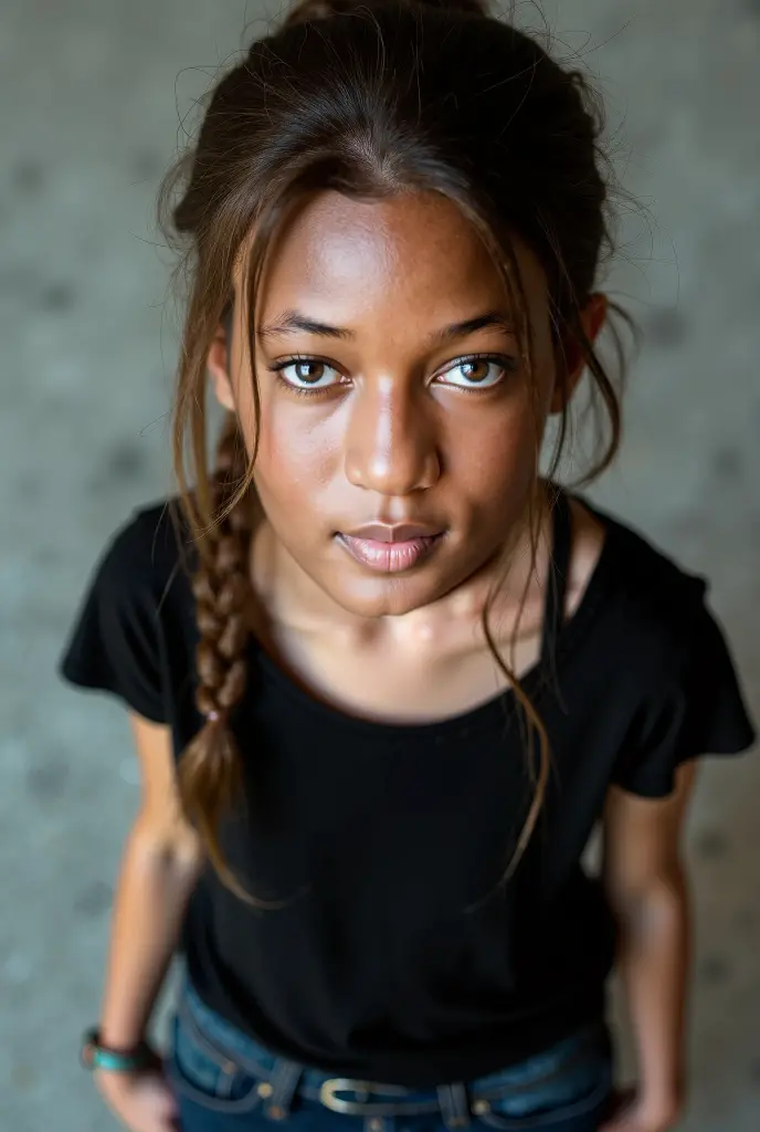 Brown girl with loose hair, blue eyes, angry with arms crossed