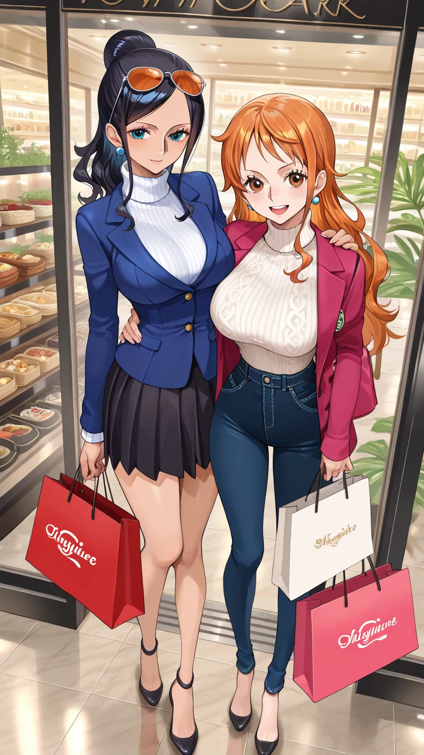 three sexy women , flustered smiles, women have various hairstyles and hair colors, looking at camera