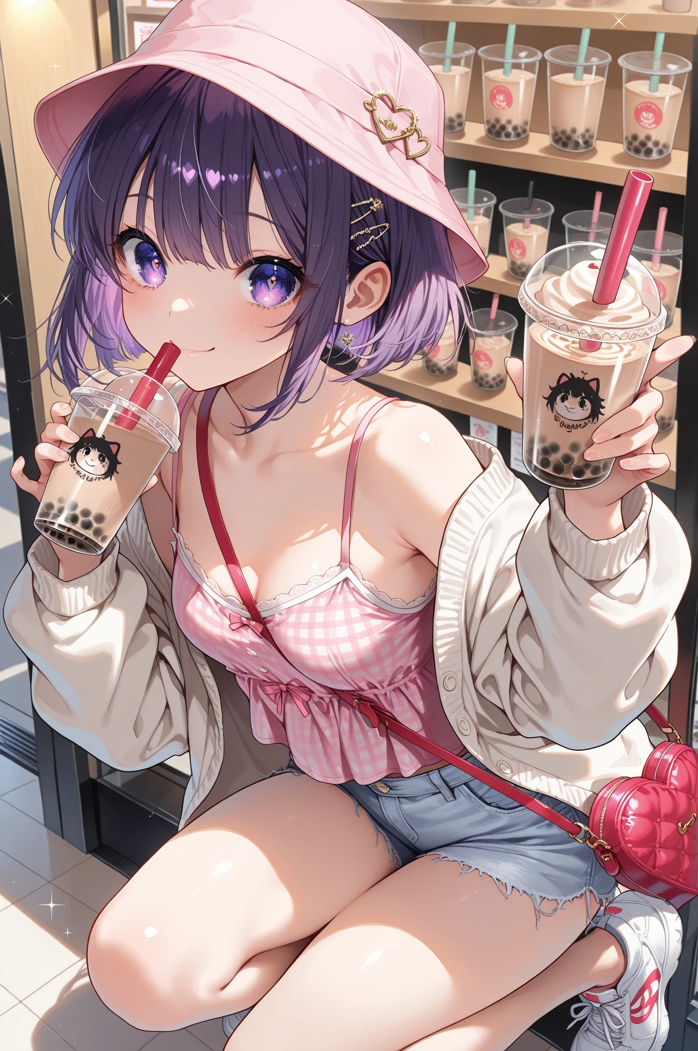 (masterpiece, Best Quality, ultra-detailed, high resolution, extremely detailed CG, official art, Professional Lighting, Perfect Anatomy, anime colors), (from below), looking at viewer, cowboy shot, perfect body, 24yo beautiful 1girl, medium hips, glamorous body,a small face,beautiful-makeup,Makeup light,Shortcut Hair,dark brown hair、Bust b Cup, Amazing Cleavage, thin waist, big ass, Raised sexy, big breast: 1.2 posed cleavage:1.2, (off shoulders,Sportsbra,legginullnude), micro denim shorts, bare legs, nail_polish, pale skin, Waiting friend, (morning:1.5), tokyo, (convenience store:1.3), outdoor, (depth of field:1.3), contrapposto, (Hold a coffee in your hand:1.3),delicate beautiful face, Bright magenta eyes, cute eyes, sparkling eyes, Big eyes, (big breasts:1.3), (perky chest:1.1), (pointed chest:1.3), looking at viewer,
