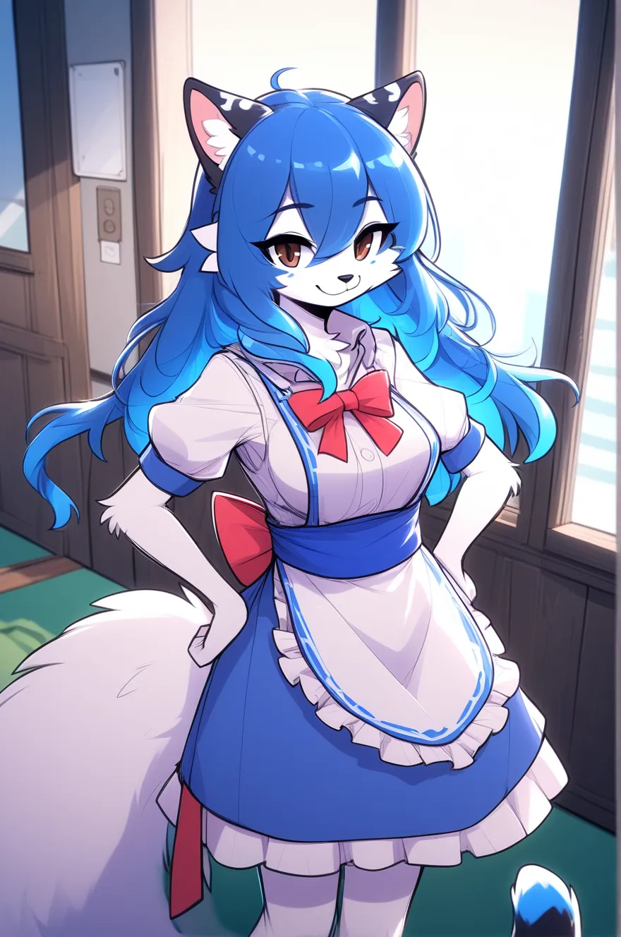 One Girl、Maid clothes、Black tights、Blushing、Look Away、Embarrassed、Hide your face、Furry、
