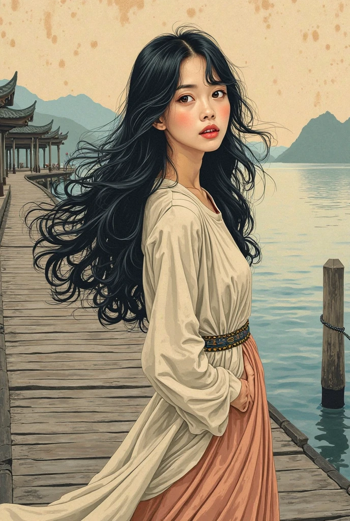 masterpiece, best quality, ukiyo-e:1.2, in hokusai style, a beautiful 20s french model, ultra detailed face