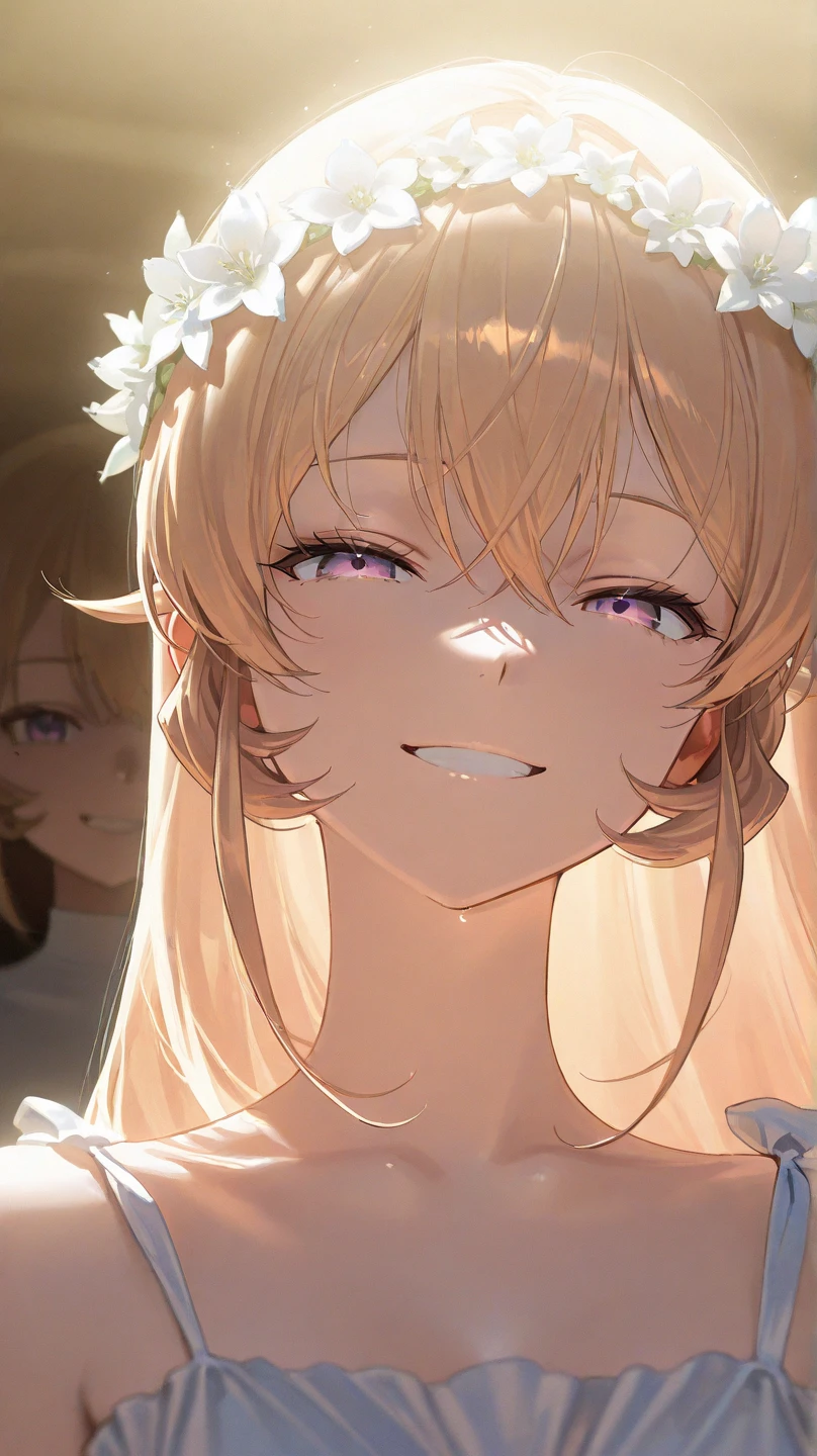 (masterpiece), (best quality), perfect face, beautiful girl, white background background, delicate and beautiful face and eyes, dark intense shadow, 
1 girl, vtuber style, cool girl, hololive, Kazama Iroha, short ponytail, Wedding dress, small chest, cropped shoulders, clavicle, winking, smile, body visible through clothes, chest visible through clothes, ass visible through thighs, (full body), looking at viewer, standing,