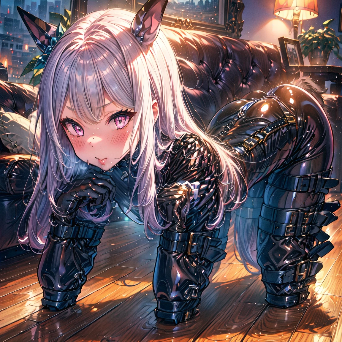 (Highest quality), (High resolution), (masterpiece), (Very detailed), Wolf Ear, Silver Hair, Long Hair, Bright Blue Eyes, One Girl, Silky skin, Shiny skin, Athletic build, blush, Heavy breathing, chest, Wearing a competitive swimsuit, Front view, (Bright saturation), Sexual pose, Dripping love juice, Heart pupil, Trembling with sexual climax, Heavy breathing, Masturbating on the bed