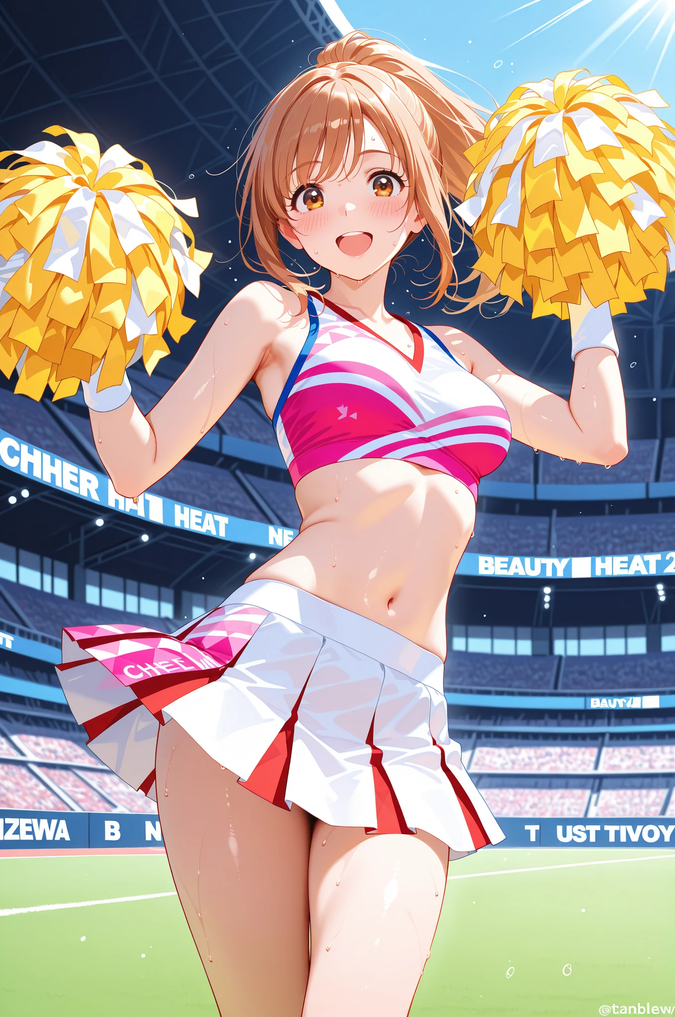 1 beautiful 20 year old girl, anime girl, cheerleader, yellow pom poms, (cheerleaders:1.5), (pompoms:0.8), I'm rooting for you, jumpping, cheer jumps, girly pose, dynamic motion, dynamic moves, football stadium, football field, burst of confetti, cheering crowd, red cheerleader costume, (mini skirt), skirt lift, happy atmosphere, vibrant colors, white trainers, white short socks, white panties, (white panties:1.4), brown hair, bangs, ponytail, wavy hair, expressive hair, shiny hair, hair ornament, hair bow, one eye closed, aqua eyes, glowing eyes, cat ears, earrings, kemonomimi mode, open mouth, smile, blush, bright pupils, seductive smile, happy, red lips, tongue, upper teeth, big round breasts, slim waist, navel, defined body, full body, slim legs, defined thighs, anime, image fill, border, first-person view, pov, three-quarter front angle, perspective, Wide-Angle, macro photo, f/1.8, 85mm, Sony FE GM, 8k, super detail, UHD, retina, masterpiece, accurate, anatomically correct, best quality, highres