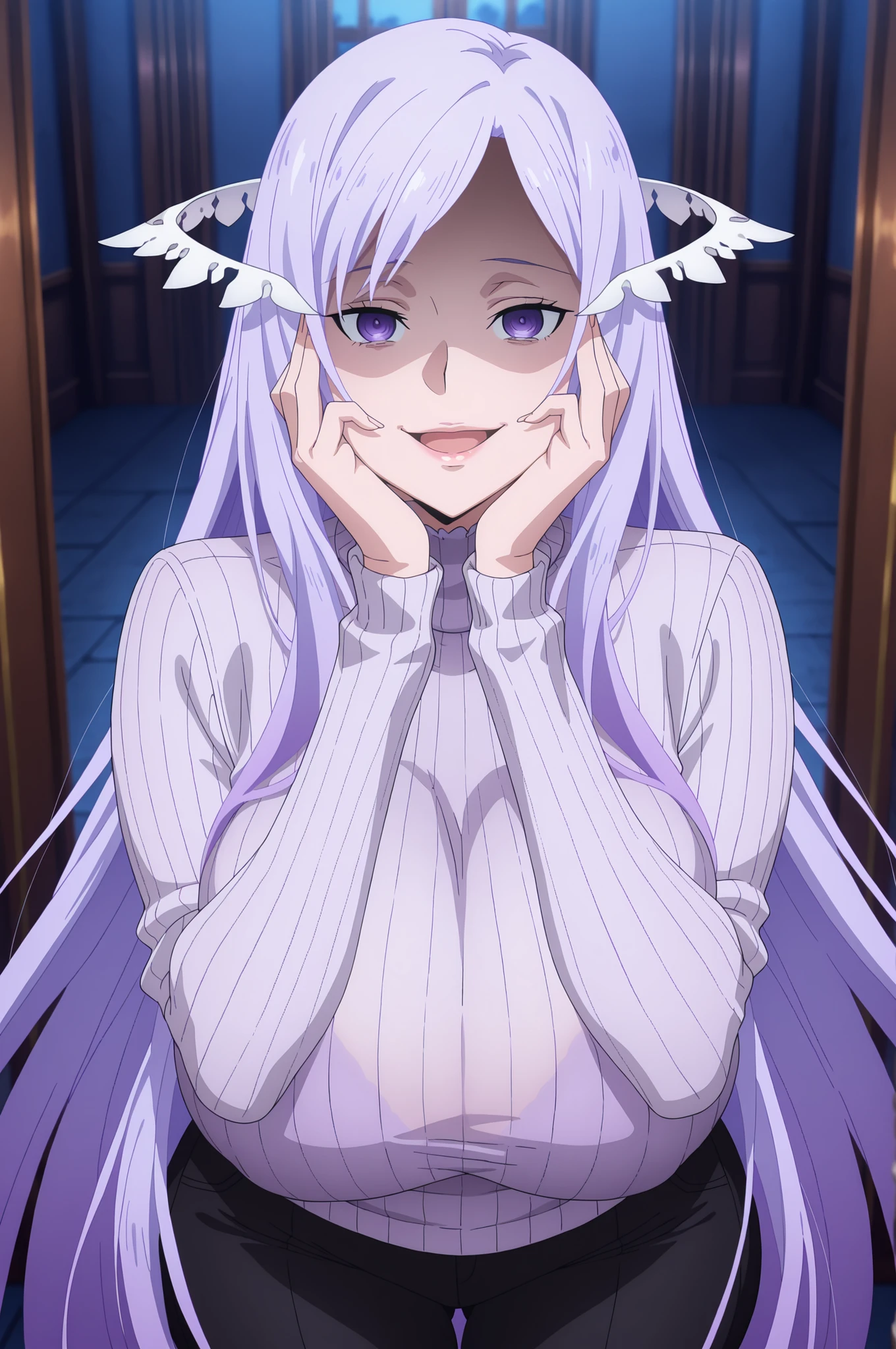 anime screencap, masterpiece, best quality, quinella, 1girl, Mature Female, long hair, light purple hair, purple eyes, Yandere, hands on own cheeks, huge breasts, big butt, ((turtleneck sweater, black pants,)), crazy smile , crazy, Lips, view detailed body, (((Sexy,))) ((turtleneck sweater, black pants,)), creepy asylum, dark, night,
