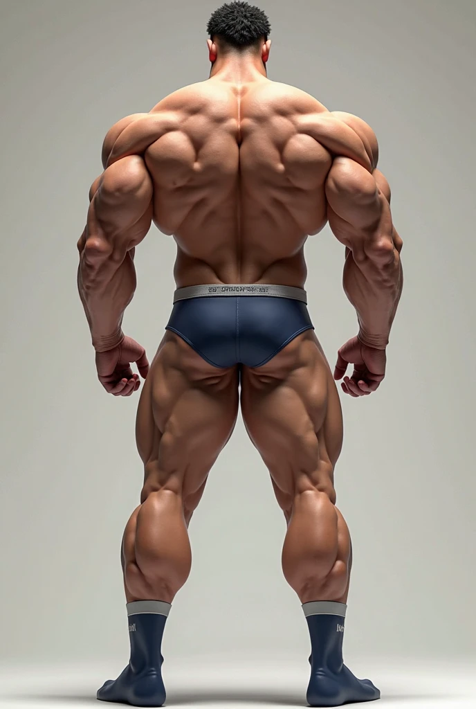 a huge muscular naked bearded black man with a tiny waist, bodybuilder wearing a blue thong, with an outrageous blue mohican haircut, standing side view, at a 90 degree angle to the viewer, with hands clasped behind his back, head turned towards the viewer, full body image, seen from a low angle