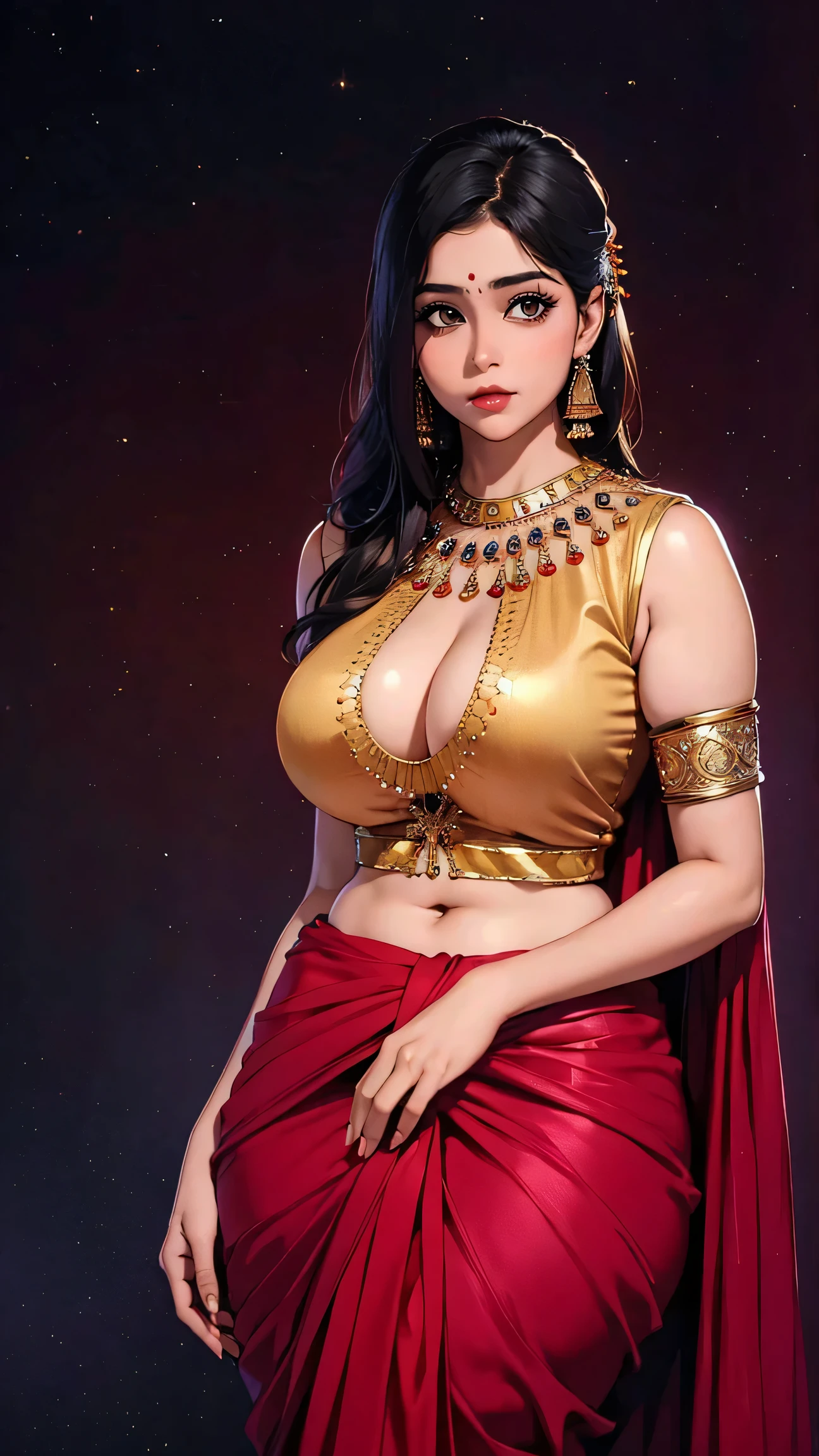 Beautiful sexy Demi Rose as a gorgeous Indian Empress with hourglass body in a sensual pose; ((Traditional Indian Empress dress)); standing; ((ultra glossy lips)); ((Traditional Indian Makeup)); ultrarealistic skin, ultrarealistic face; ultrarealistic body; ((ultrarealistic gold ornaments)); ((gigantic breasts)); ((overflowing huge breasts)); heavily oiled shiny skin; detailed skin; ultra detailed eyes; ultra detailed face; ultra detailed lips; full body symmetrical with thick lines, Fibonacci, golden ratio, 3D metal structure tessellation, neural graphic, neurons, color, love, passion, incredibly detailed, 8k, masterpiece, artstation, surreal