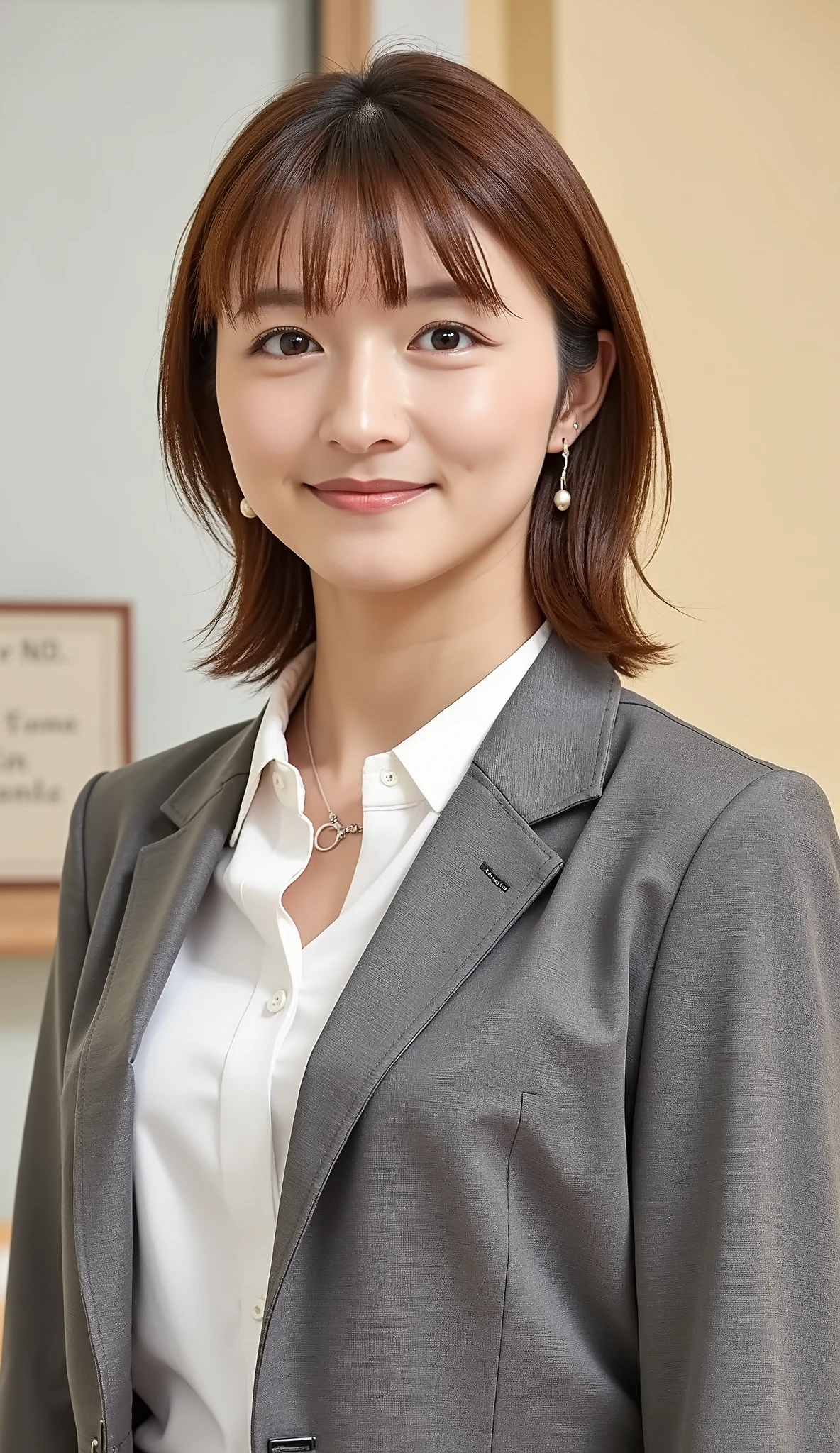 Neat Young Woman、and look at the camera、office lady suit、jacket、shirt、ネックレス、、ear piercing、、無表情、背景はオフィス
