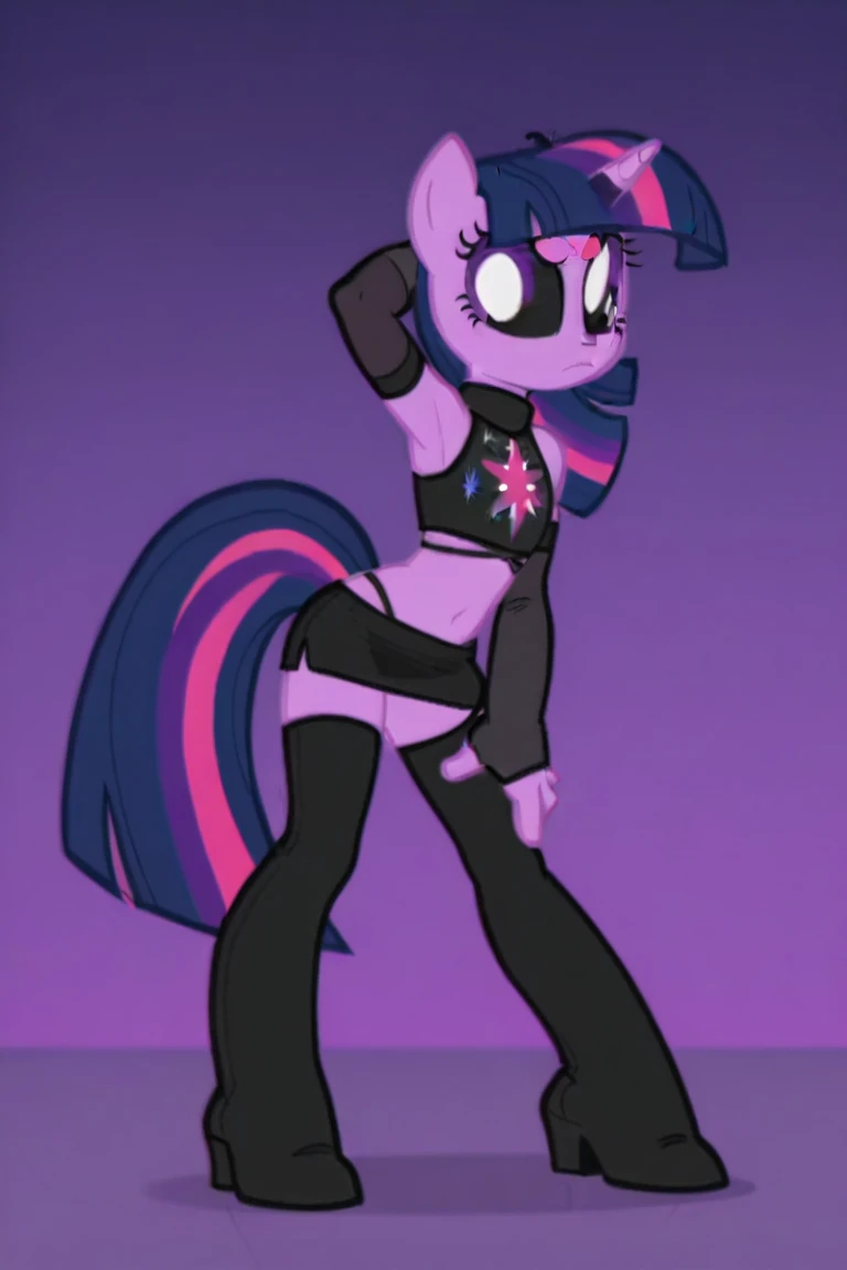 vibrant colors, 8K, high resolution, highly detailed, masterpiece, ((my little pony)), (black striped white hair), (pale white body), (gray eyes), standing, big breasts, beautiful body, purple lips, thong, slave, short patterned skirt, light top, ((slut pose on wall)), street, showing pussy, panties aside